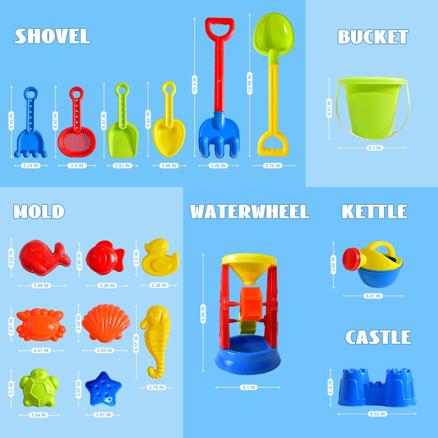 FUN LITTLE TOYS Beach Toys 19-Piece Set – Water Wheel, Molds & Mesh Bag for Kids 3-13