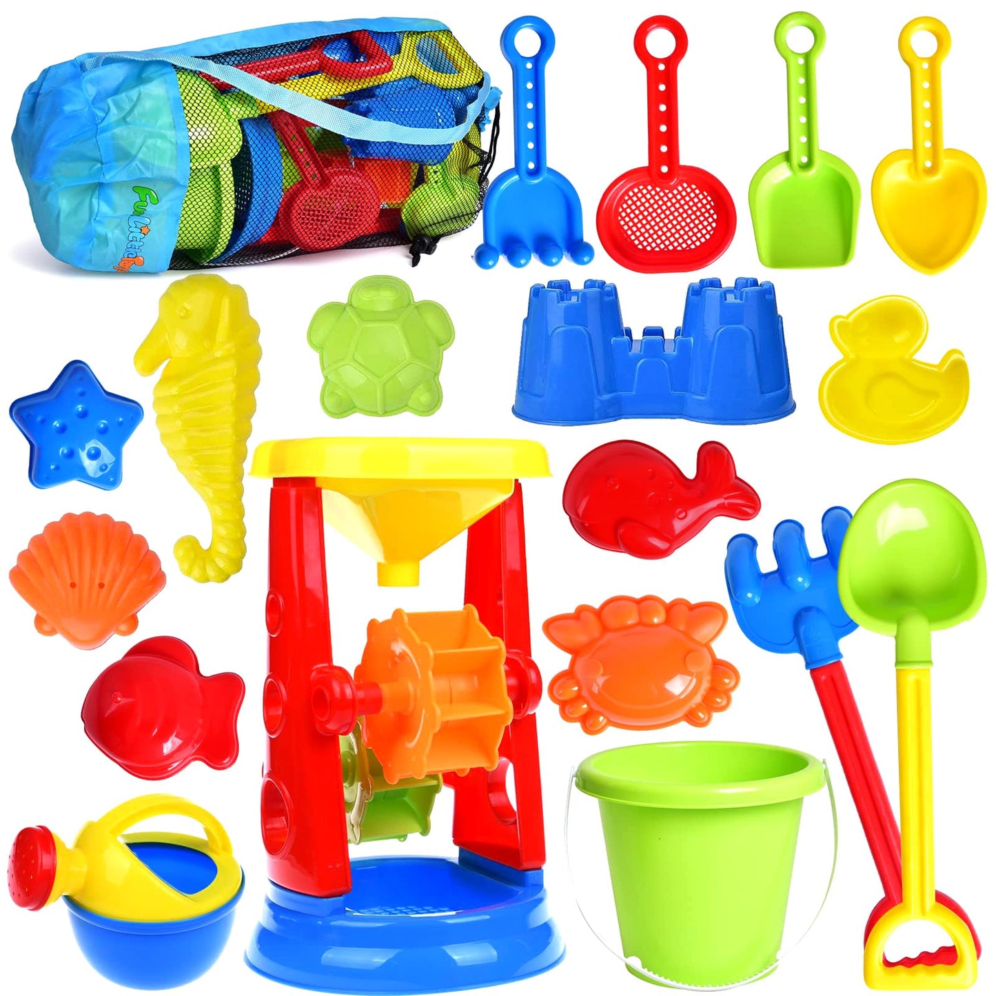 FUN LITTLE TOYS Beach Toys 19-Piece Set – Water Wheel, Molds & Mesh Bag for Kids 3-13