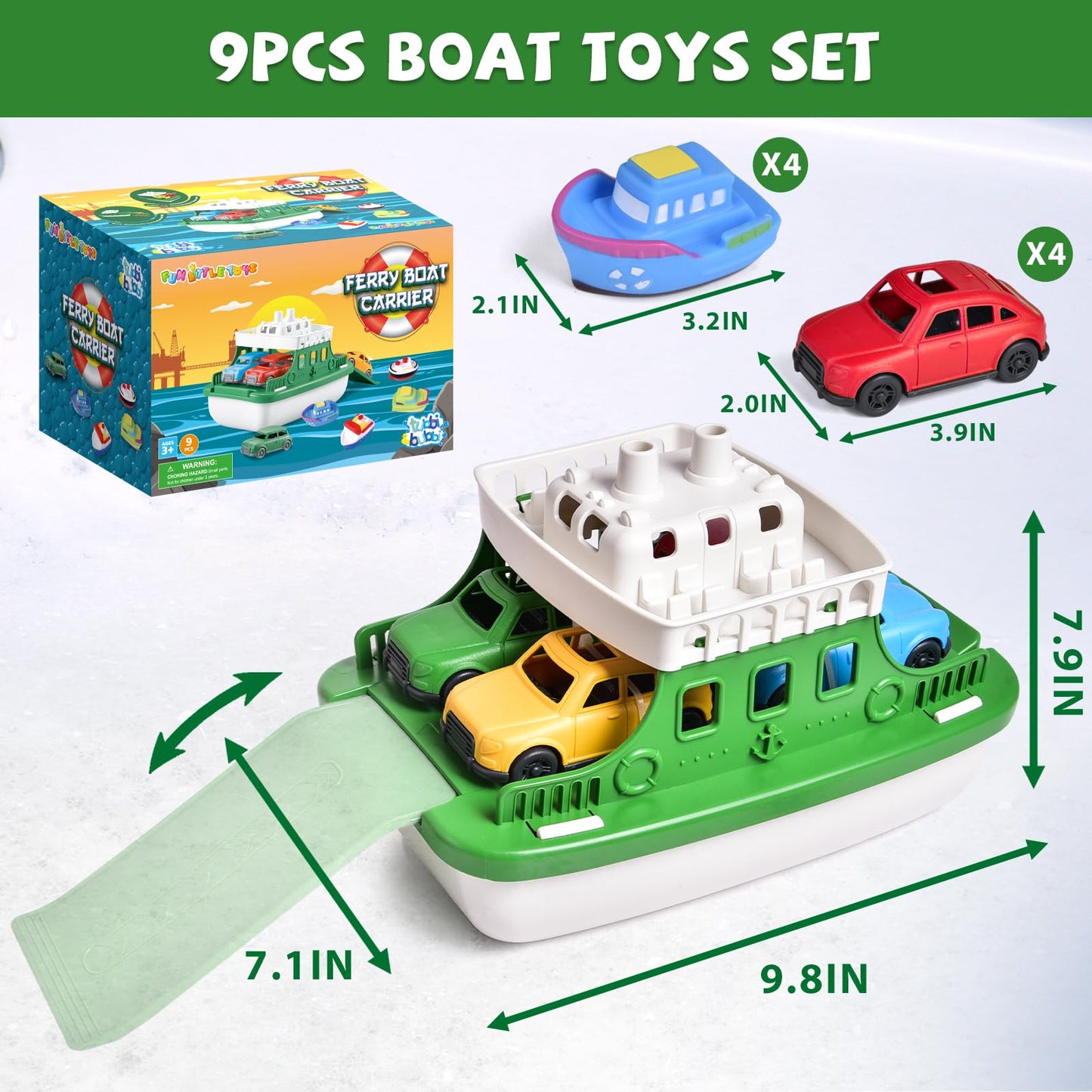 FUN LITTLE TOYS Ferry Boat Bath Toys – 4 Mini Cars & 4 Squirters