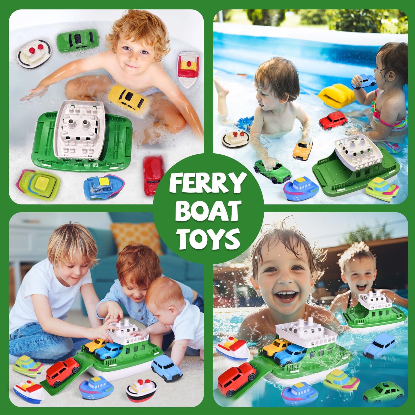 FUN LITTLE TOYS Ferry Boat Bath Toys – 4 Mini Cars & 4 Squirters