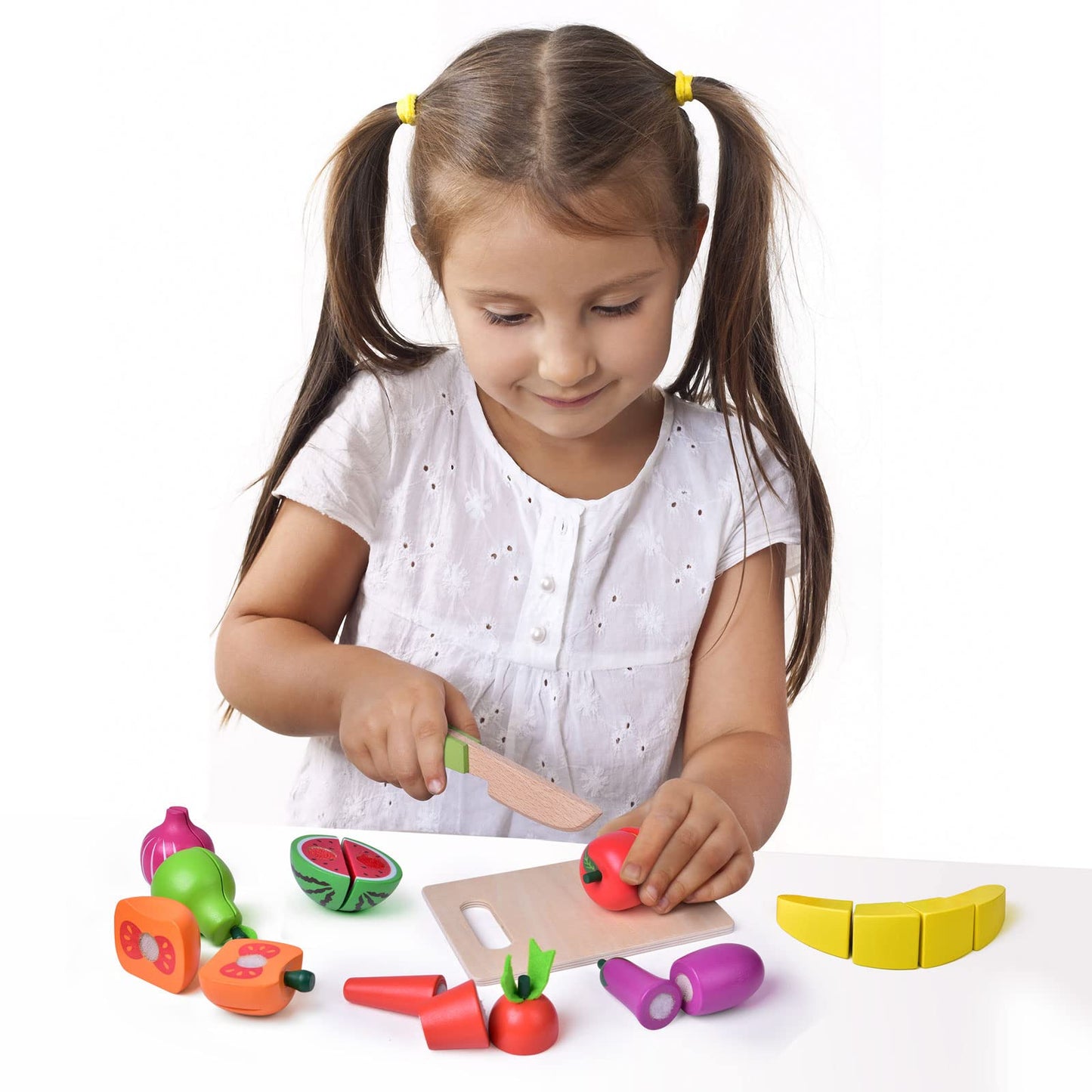 FUN LITTLE TOYS 35PCS Wooden Play Food Set – Pretend Kitchen with Tray, Knives & Dishes