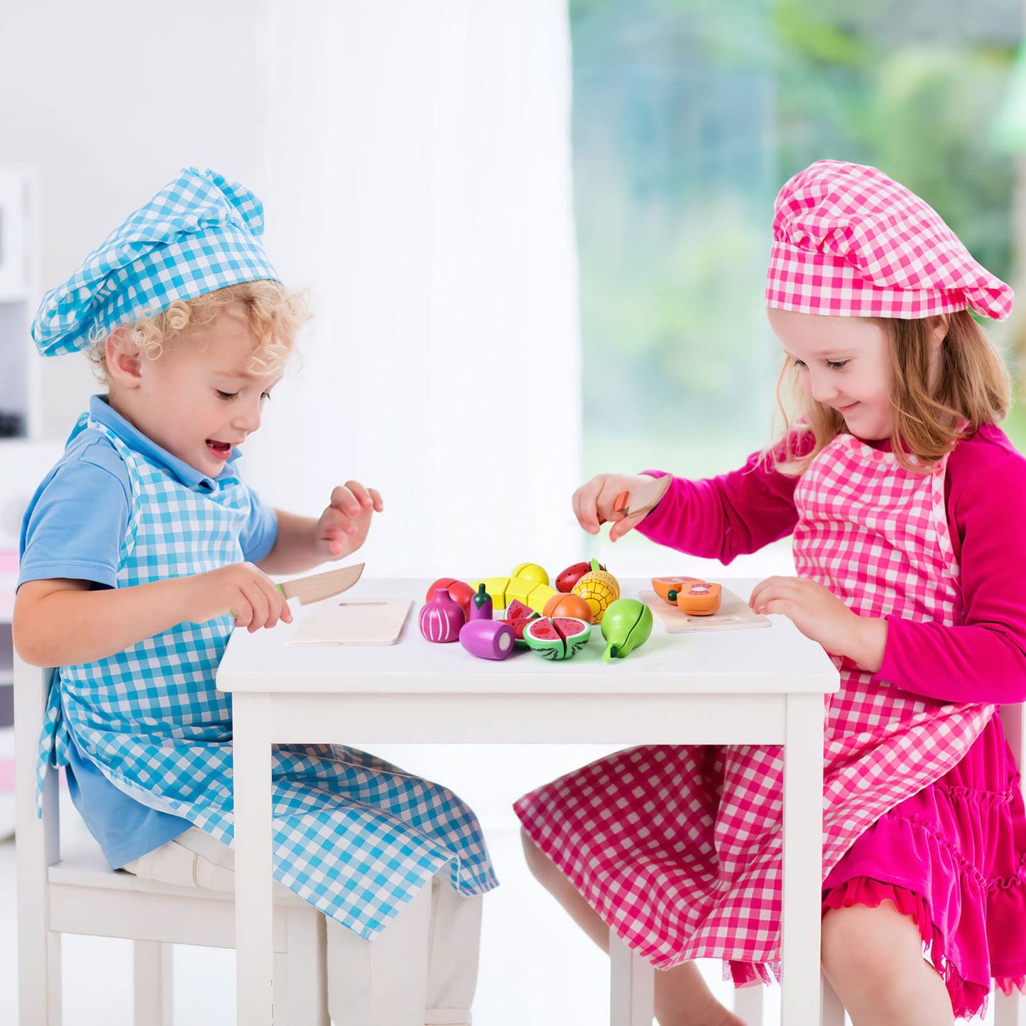FUN LITTLE TOYS 35PCS Wooden Play Food Set – Pretend Kitchen with Tray, Knives & Dishes