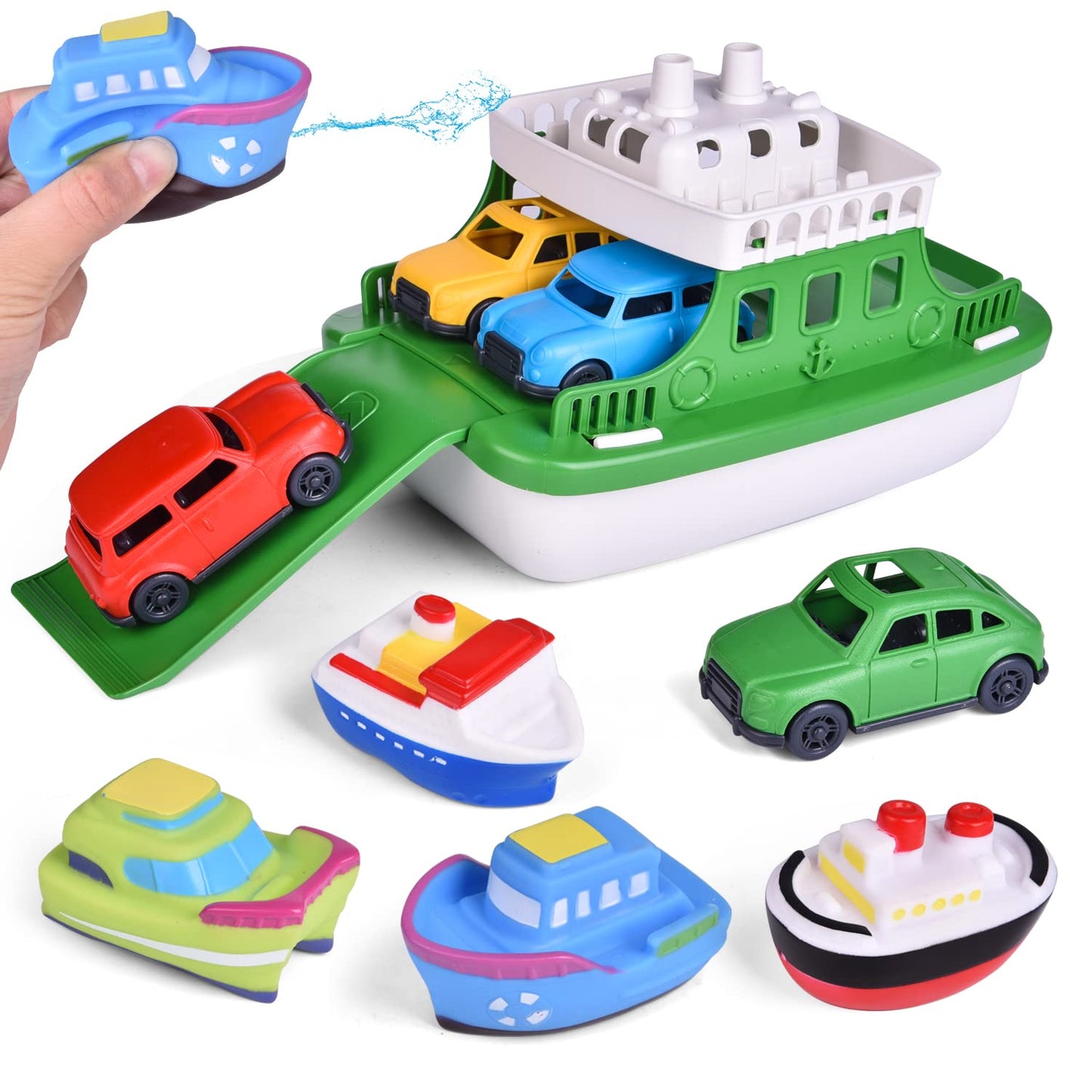FUN LITTLE TOYS Ferry Boat Bath Toys – 4 Mini Cars & 4 Squirters