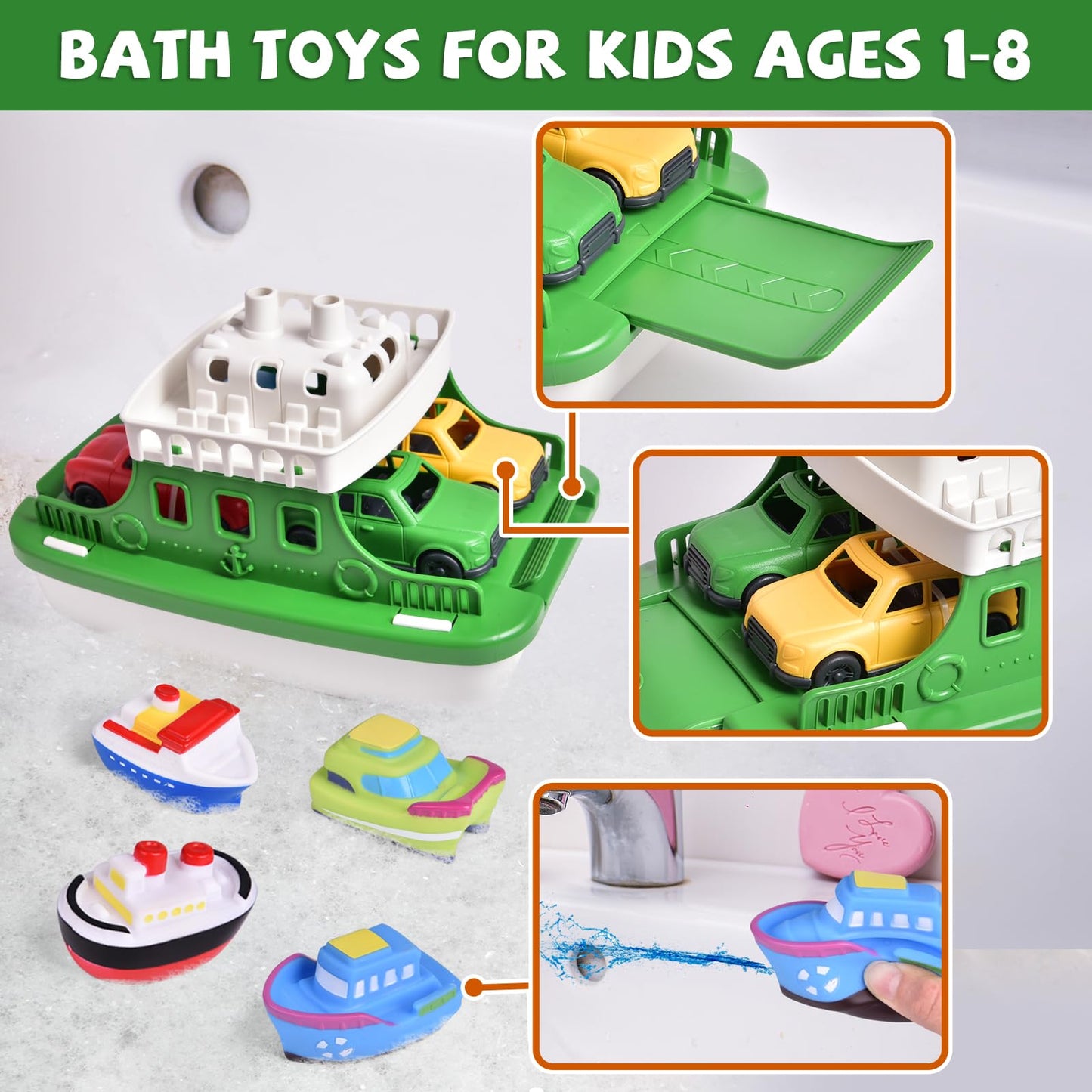 FUN LITTLE TOYS Ferry Boat Bath Toys – 4 Mini Cars & 4 Squirters