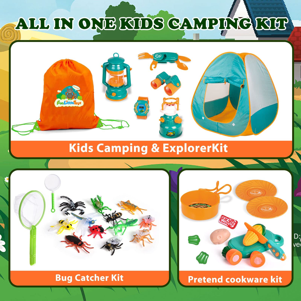 FUN LITTLE TOYS Kids Camping Set with Pop-Up Tent, Battery Lantern & Drawstring Bag