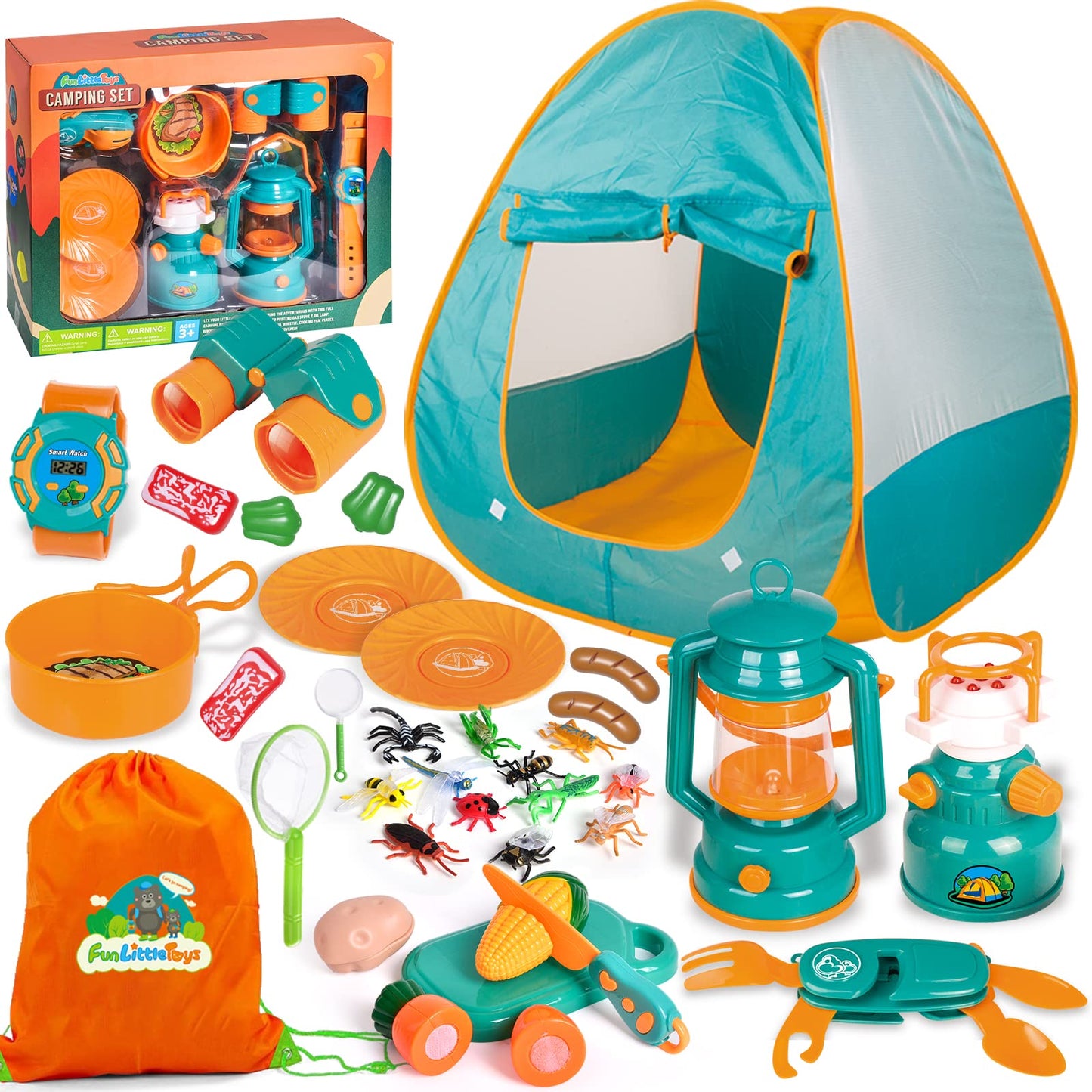 FUN LITTLE TOYS Kids Camping Set with Pop-Up Tent, Battery Lantern & Drawstring Bag