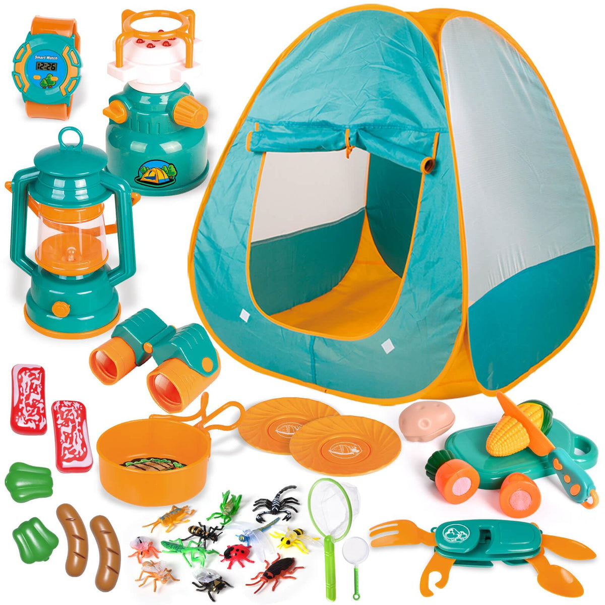 FUN LITTLE TOYS Kids Camping Set with Pop-Up Tent, Battery Lantern & Drawstring Bag