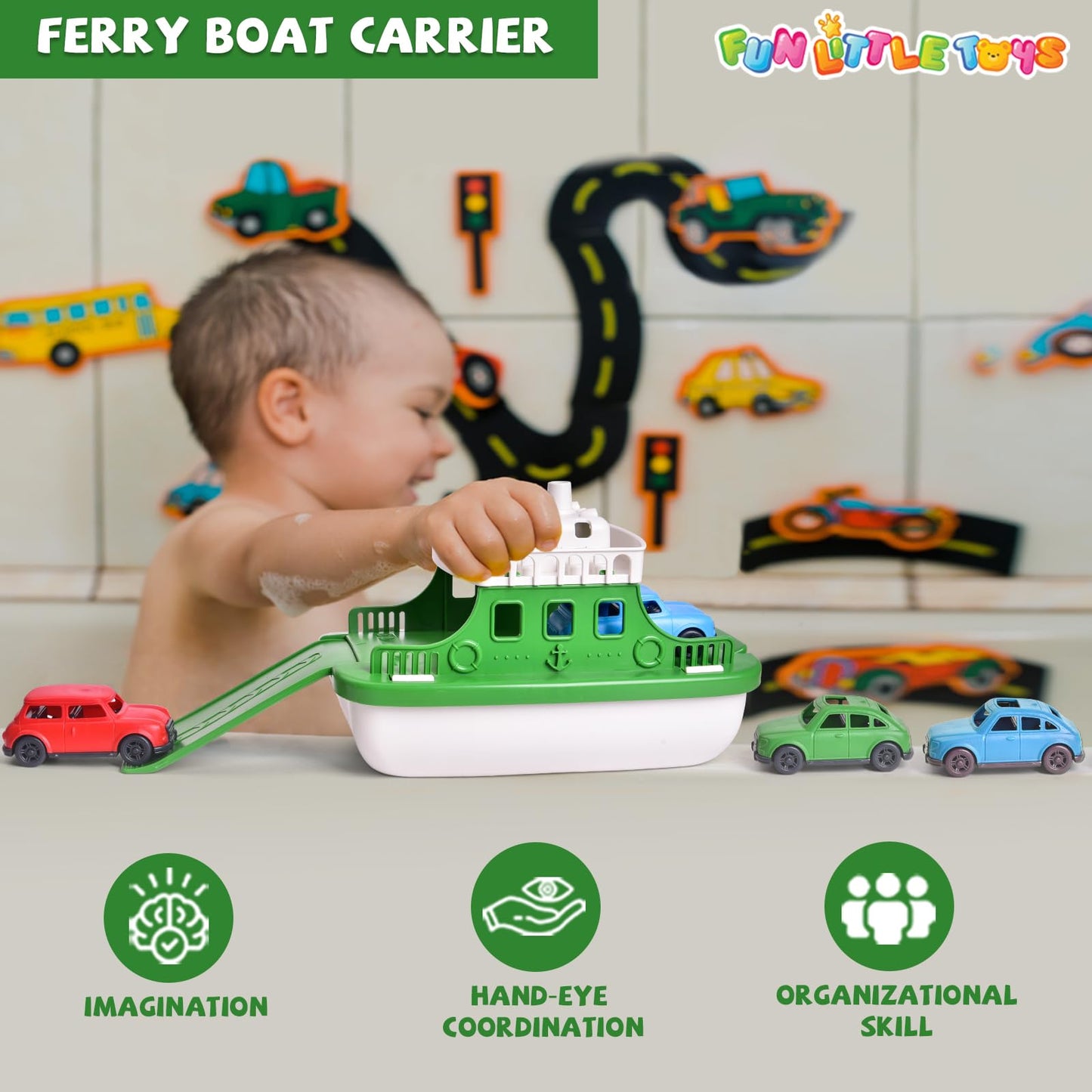 FUN LITTLE TOYS Ferry Boat Bath Toys – 4 Mini Cars & 4 Squirters