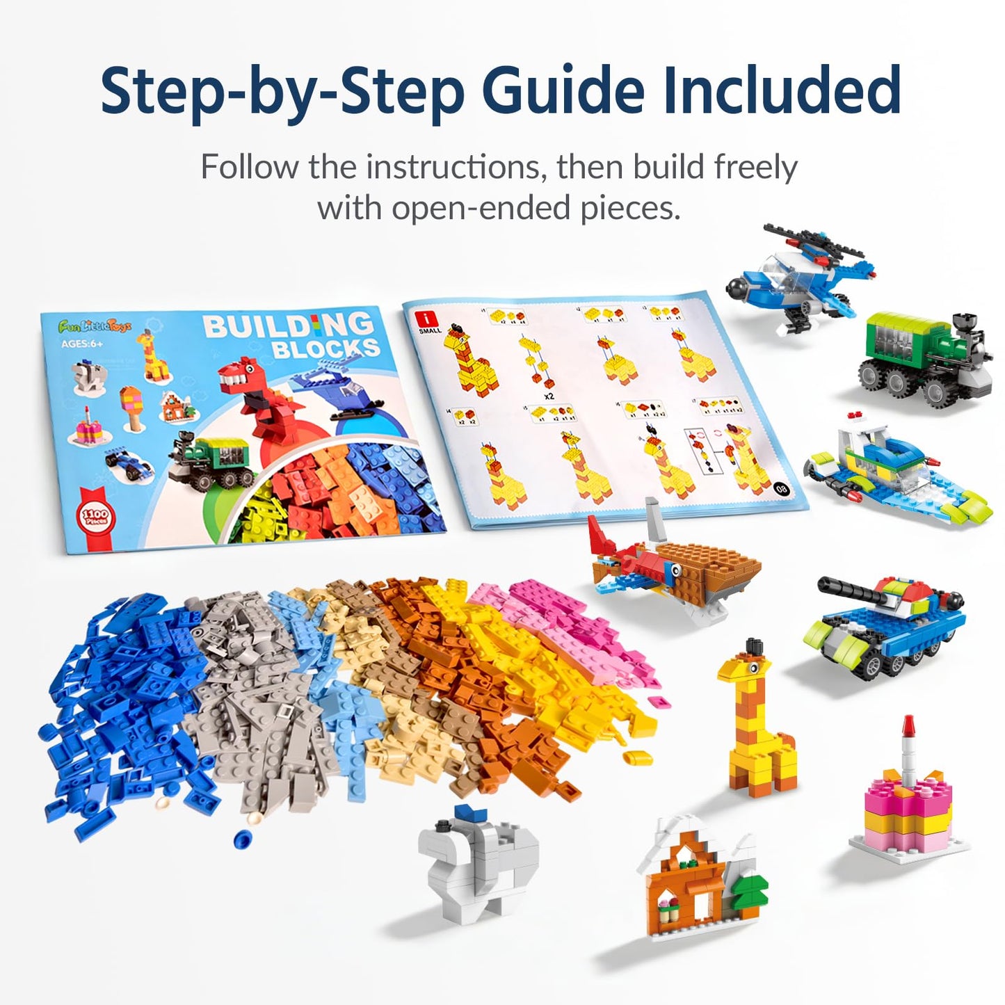 FUN LITTLE TOYS 1100 PCS Building Blocks for Kids 6-12 — 147 Shapes, 17 Colors, Baseplate Compatible Bulk Set