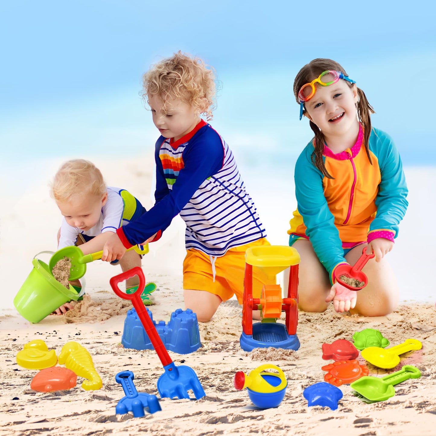 FUN LITTLE TOYS Beach Toys 19-Piece Set – Water Wheel, Molds & Mesh Bag for Kids 3-13