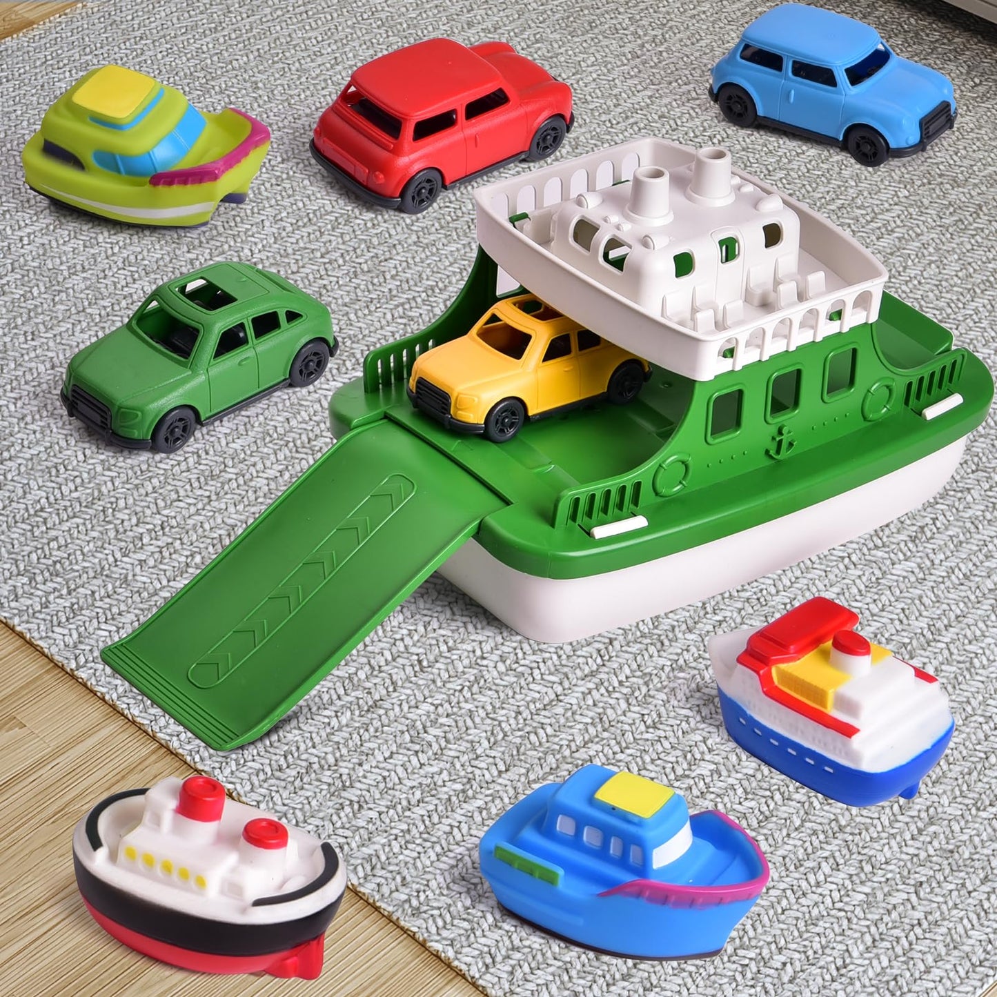 FUN LITTLE TOYS Ferry Boat Bath Toys – 4 Mini Cars & 4 Squirters