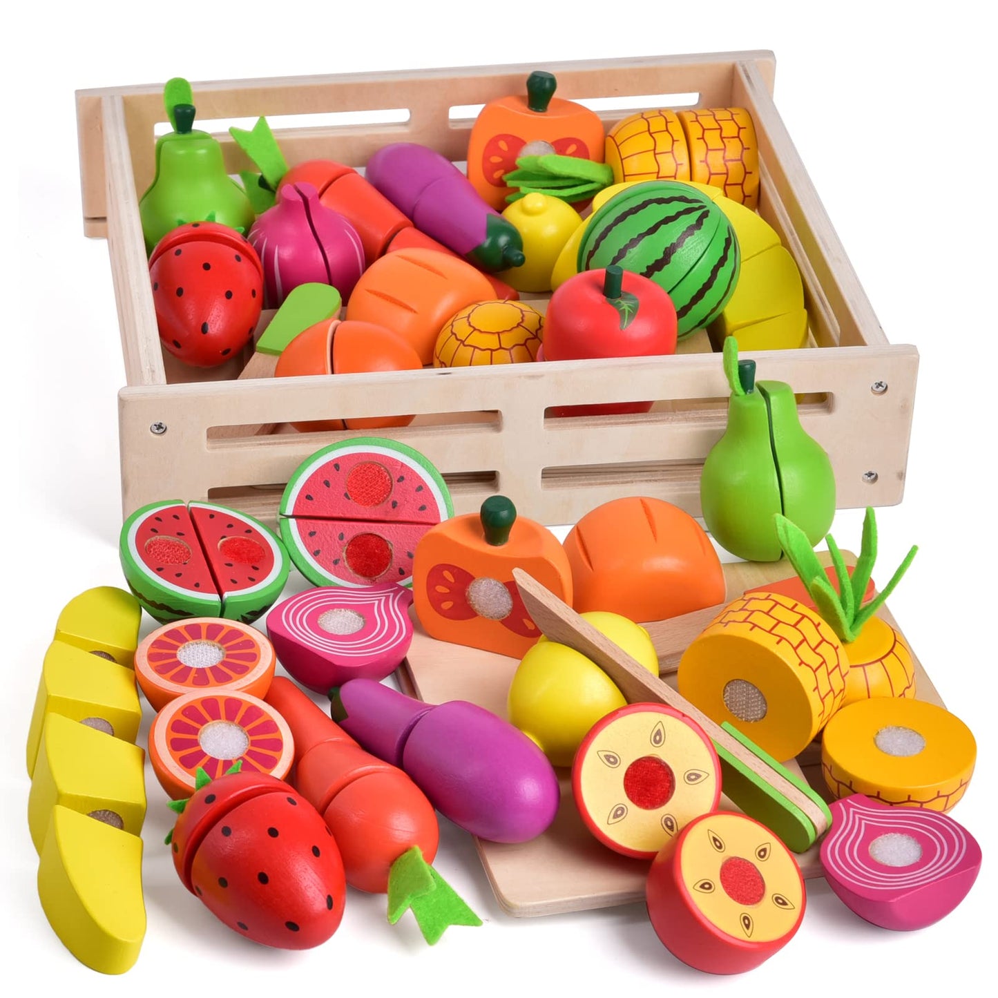 FUN LITTLE TOYS 35PCS Wooden Play Food Set – Pretend Kitchen with Tray, Knives & Dishes