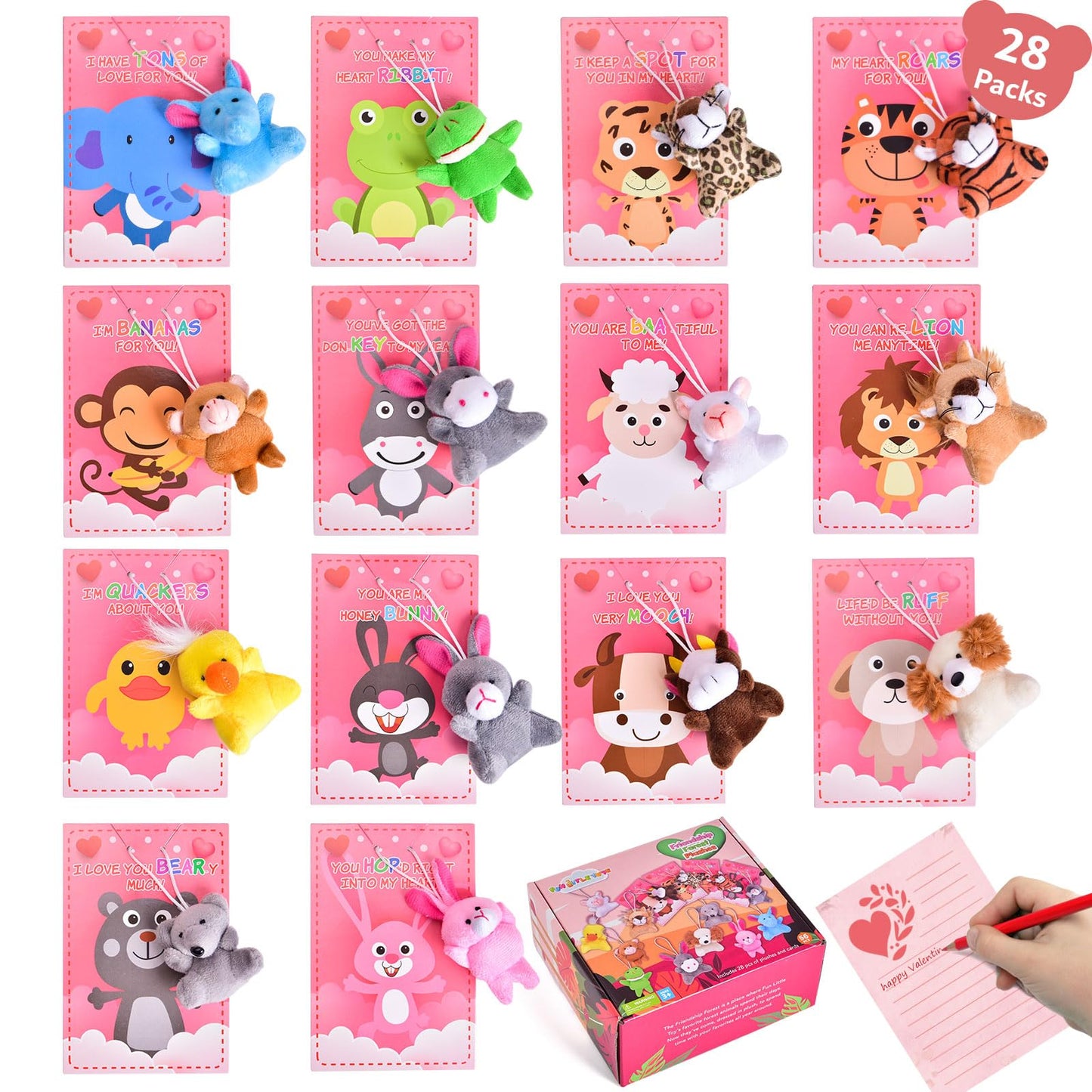 FUN LITTLE TOYS Valentine’s Day Cards for Kids – 28 Pack Mini Plush Animals with Cards