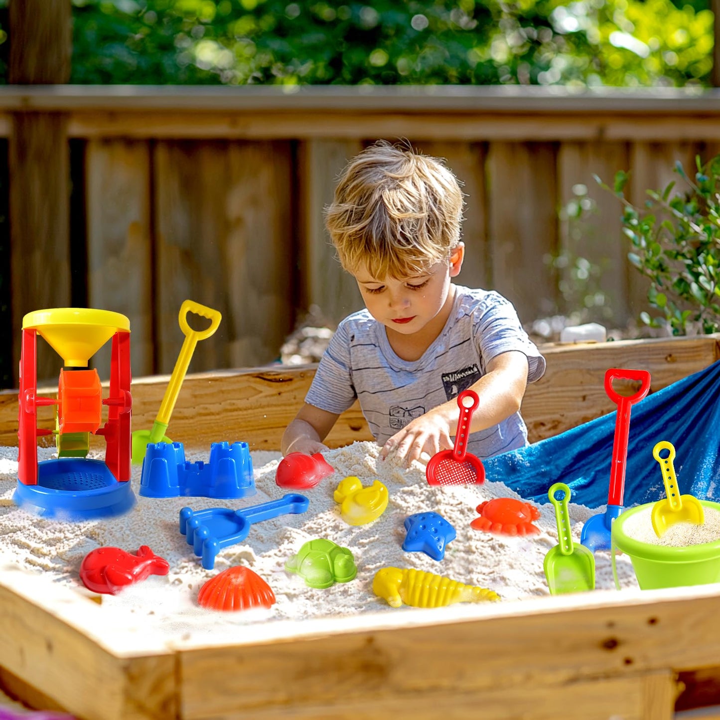 FUN LITTLE TOYS Beach Toys 19-Piece Set – Water Wheel, Molds & Mesh Bag for Kids 3-13