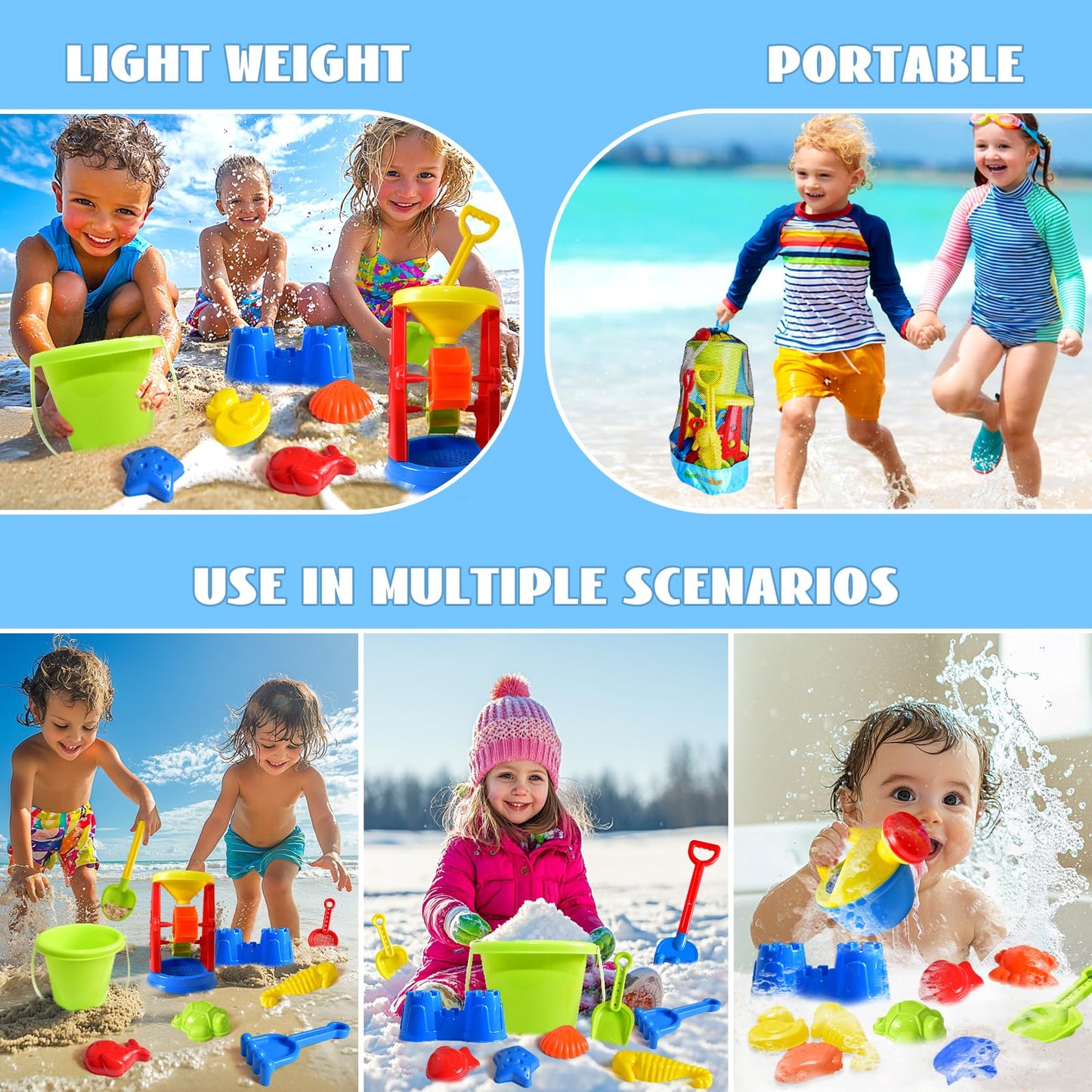 FUN LITTLE TOYS Beach Toys 19-Piece Set – Water Wheel, Molds & Mesh Bag for Kids 3-13