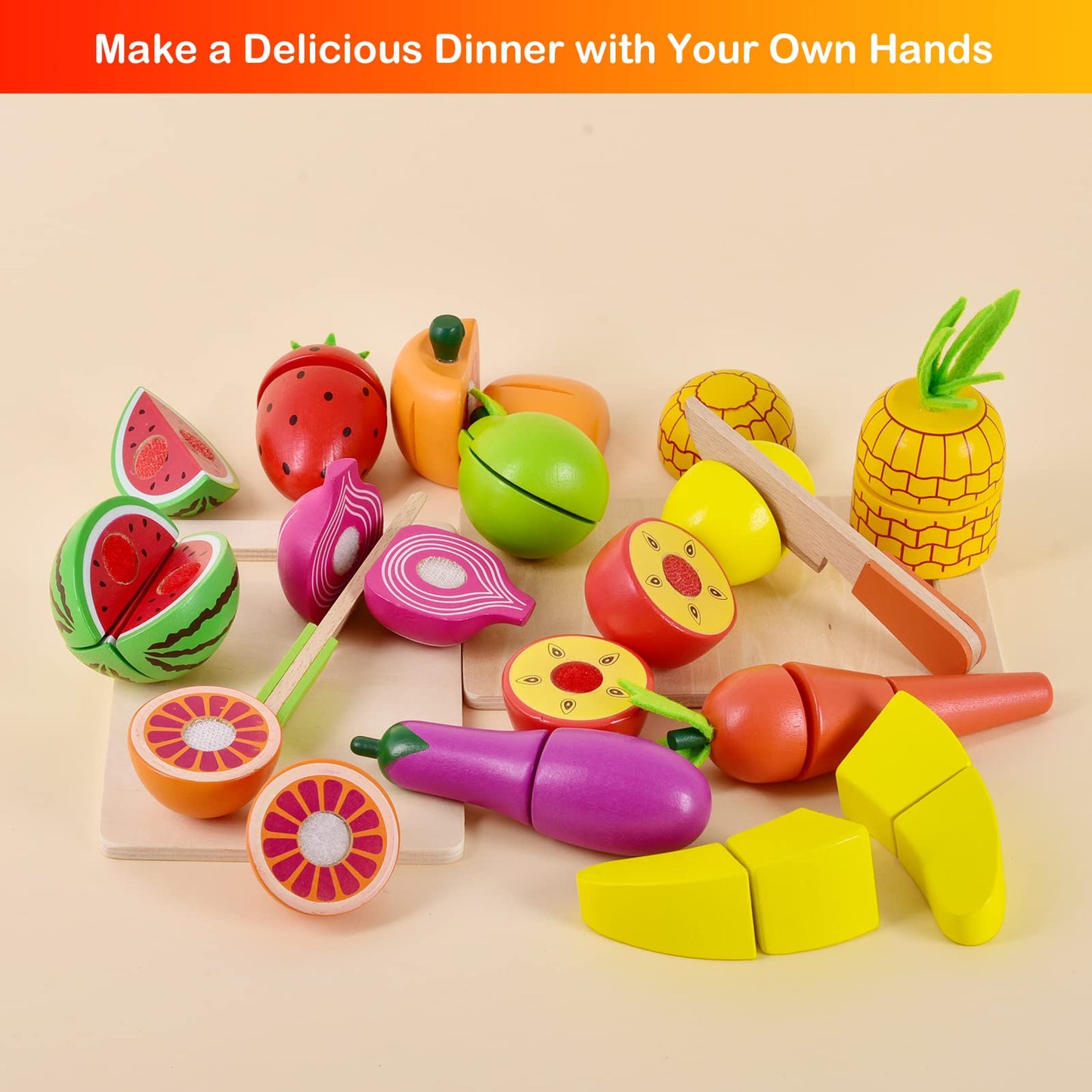 FUN LITTLE TOYS 35PCS Wooden Play Food Set – Pretend Kitchen with Tray, Knives & Dishes