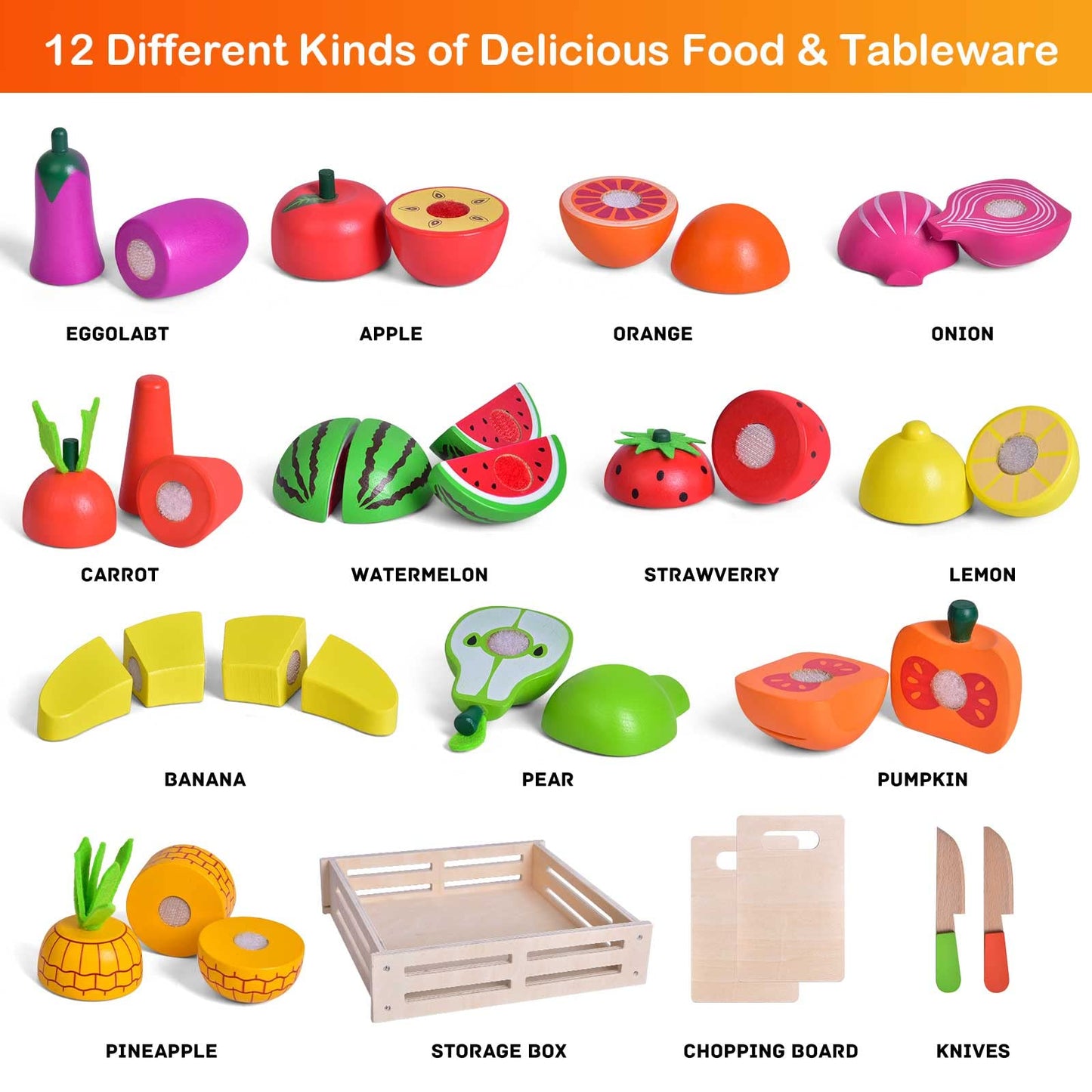 FUN LITTLE TOYS 35PCS Wooden Play Food Set – Pretend Kitchen with Tray, Knives & Dishes