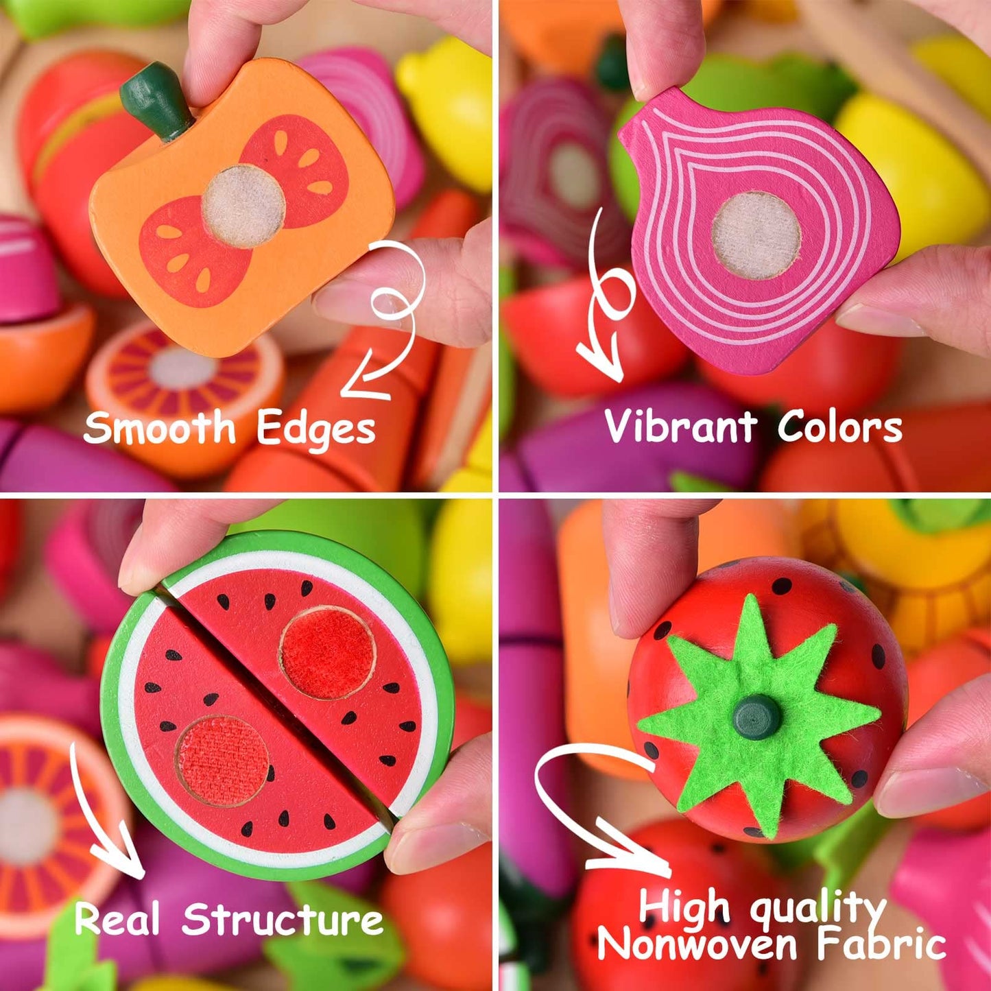 FUN LITTLE TOYS 35PCS Wooden Play Food Set – Pretend Kitchen with Tray, Knives & Dishes