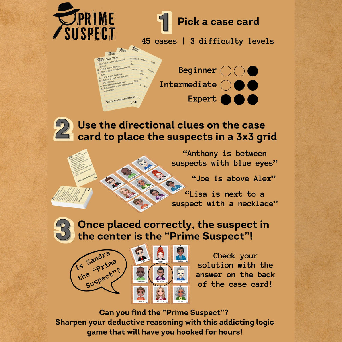Fun Squared Games Prime Suspect – Logic Deduction Puzzle with 45 Case Cards | Solo or Cooperative Play | Ages 8+