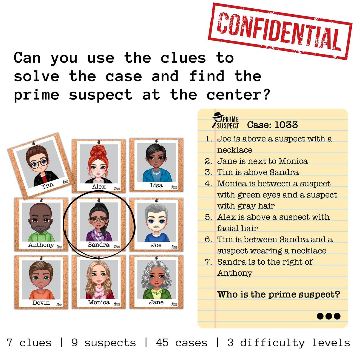 Fun Squared Games Prime Suspect – Logic Deduction Puzzle with 45 Case Cards | Solo or Cooperative Play | Ages 8+