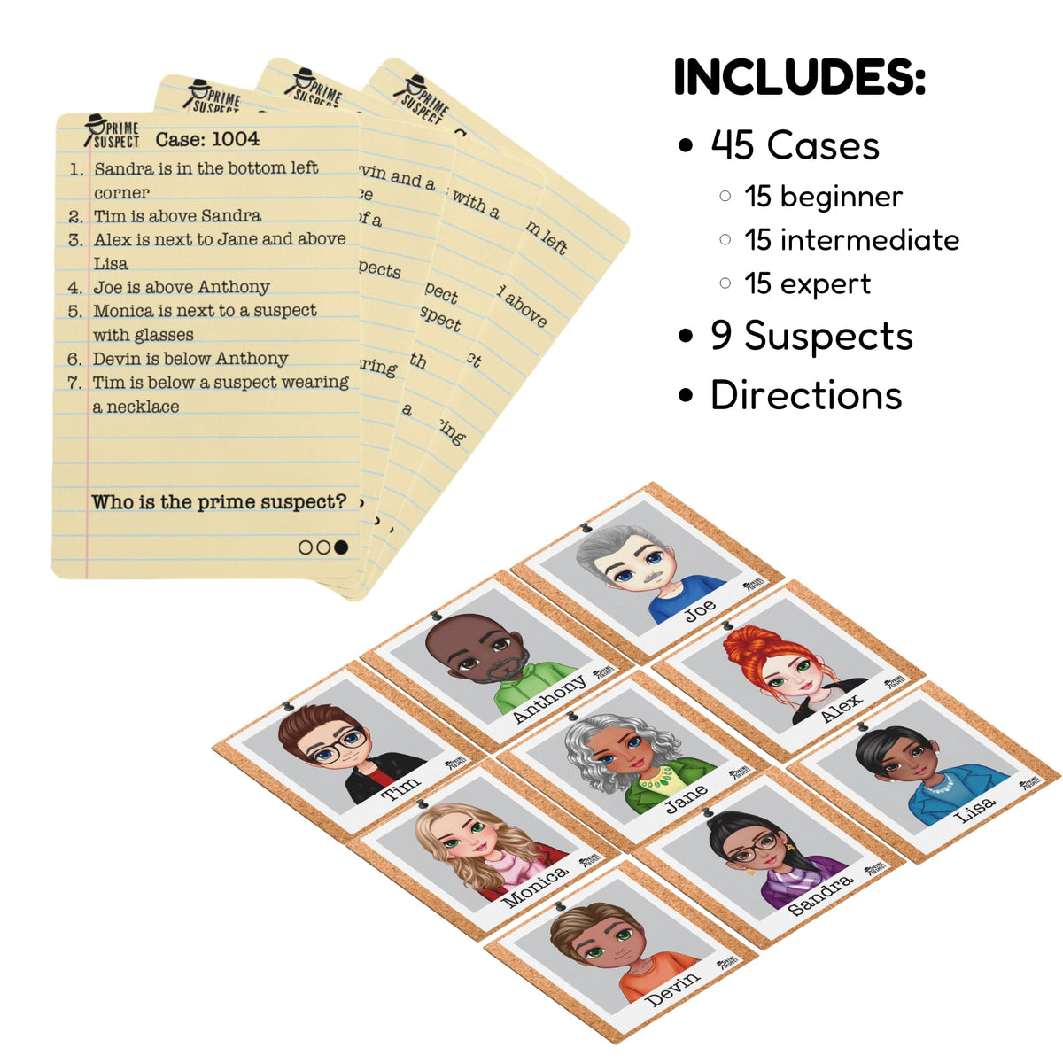 Fun Squared Games Prime Suspect – Logic Deduction Puzzle with 45 Case Cards | Solo or Cooperative Play | Ages 8+