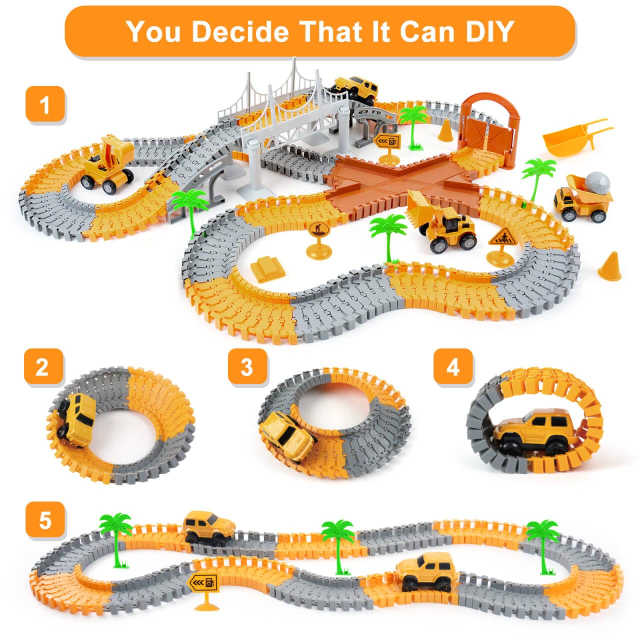 FUNBUD Construction Race Track Toy – 220+ Flexible Tracks & 5 Cars | STEM Playset for Kids