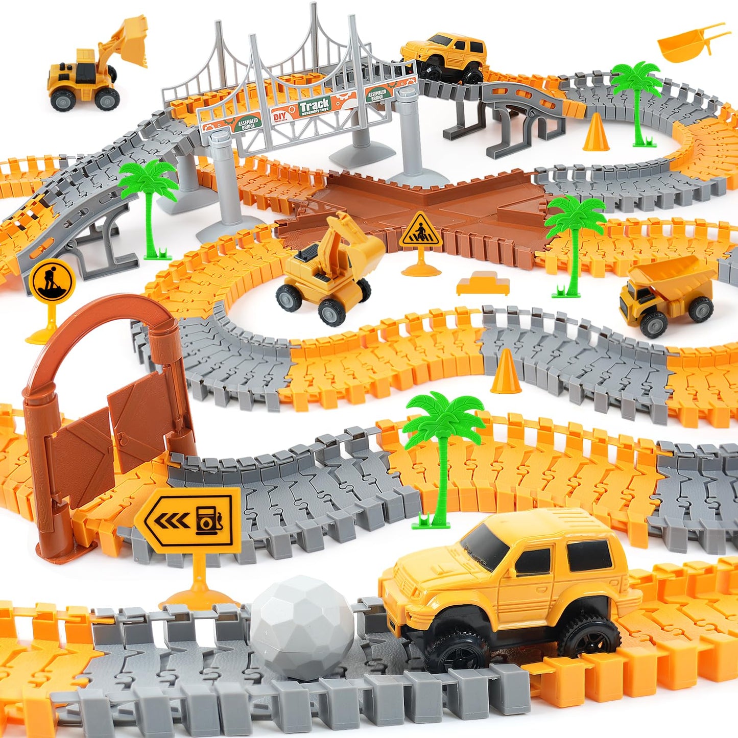 FUNBUD Construction Race Track Toy – 220+ Flexible Tracks & 5 Cars | STEM Playset for Kids