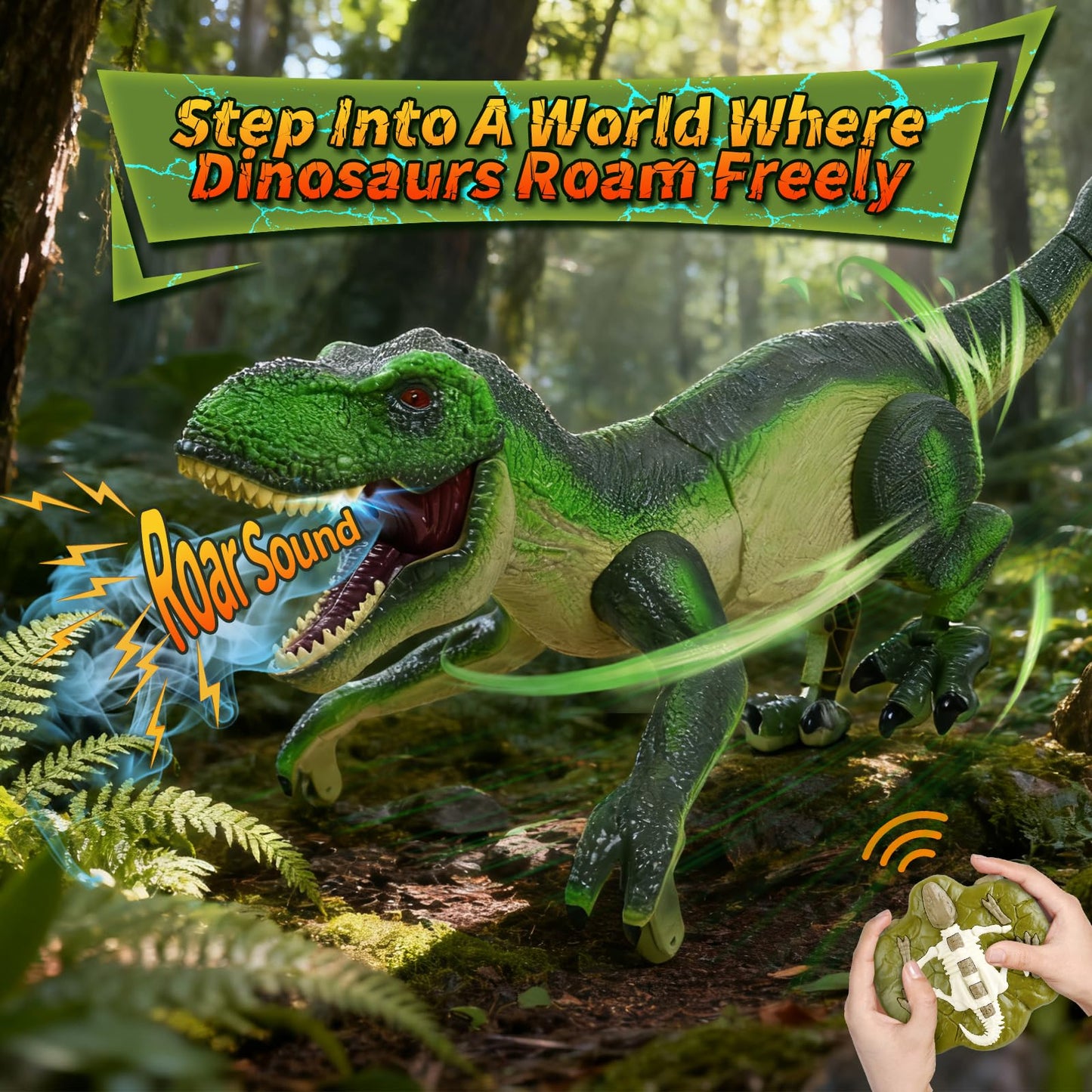 Funbud Remote Control Dinosaur Toy for Kids — Roar, Spray, Light, 2.4GHz RC Dino