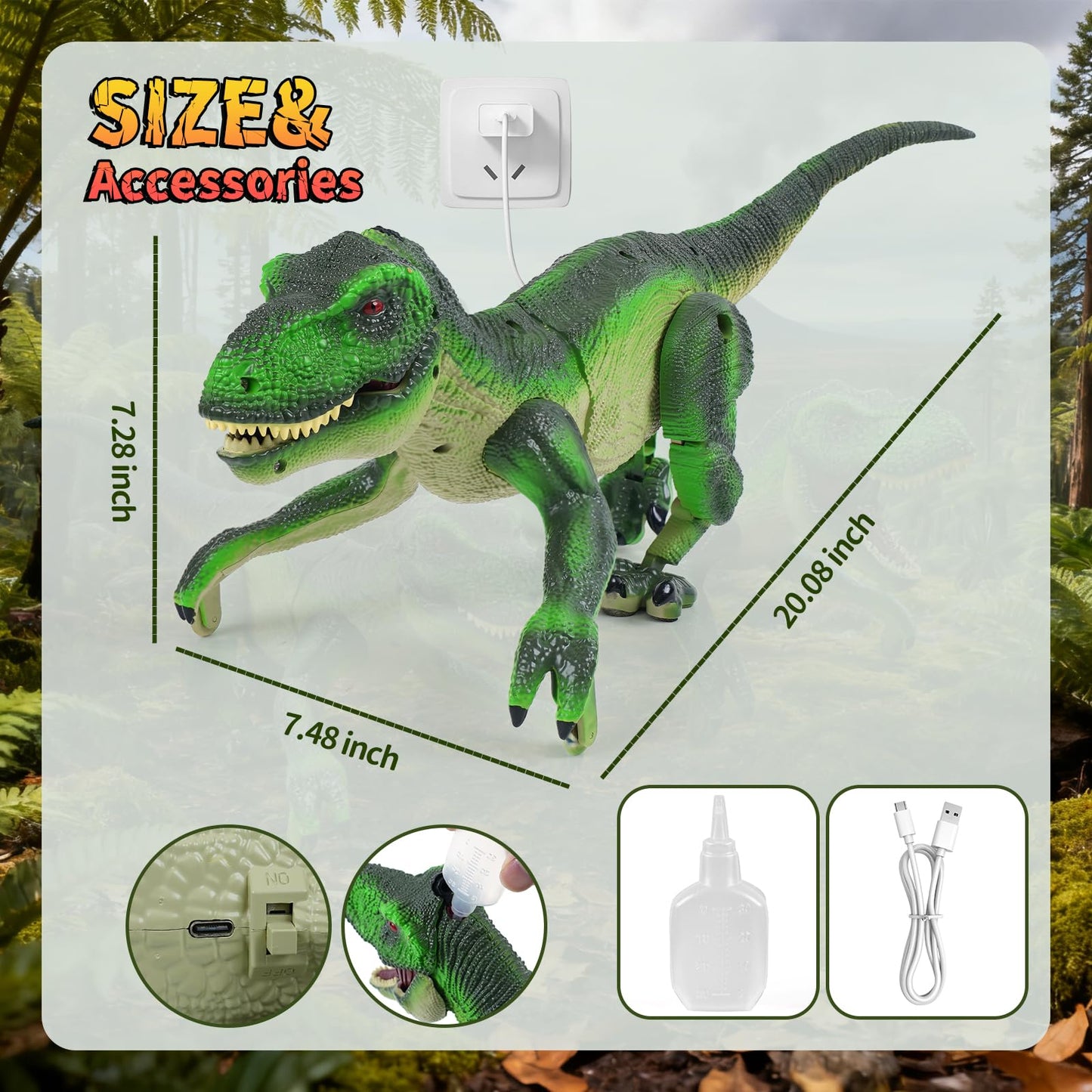 Funbud Remote Control Dinosaur Toy for Kids — Roar, Spray, Light, 2.4GHz RC Dino