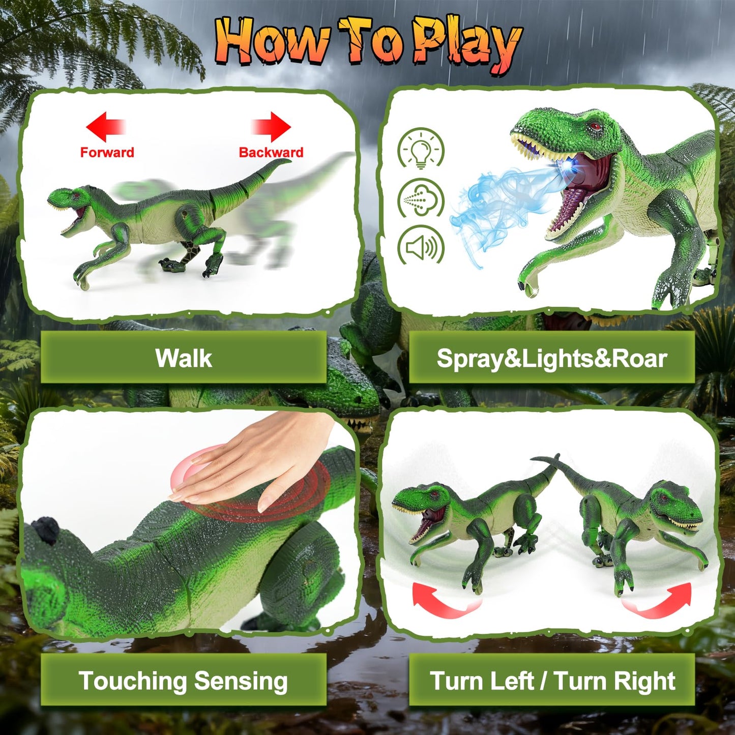 Funbud Remote Control Dinosaur Toy for Kids — Roar, Spray, Light, 2.4GHz RC Dino