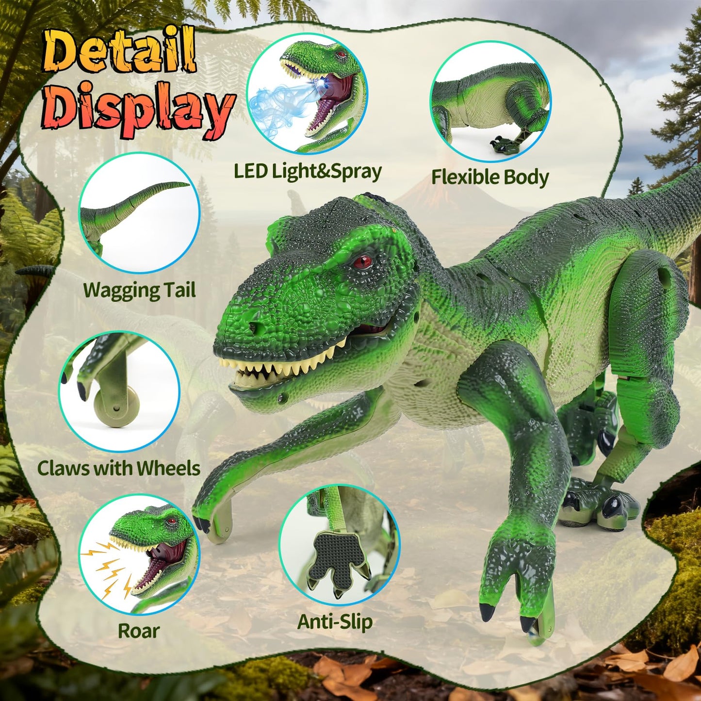 Funbud Remote Control Dinosaur Toy for Kids — Roar, Spray, Light, 2.4GHz RC Dino