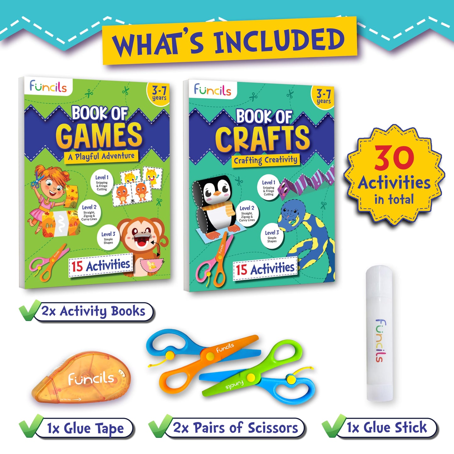 Funcils Toddler Scissor Skills Kit — Safe Scissors, Montessori Art & Preschool Activities for Ages 3–7