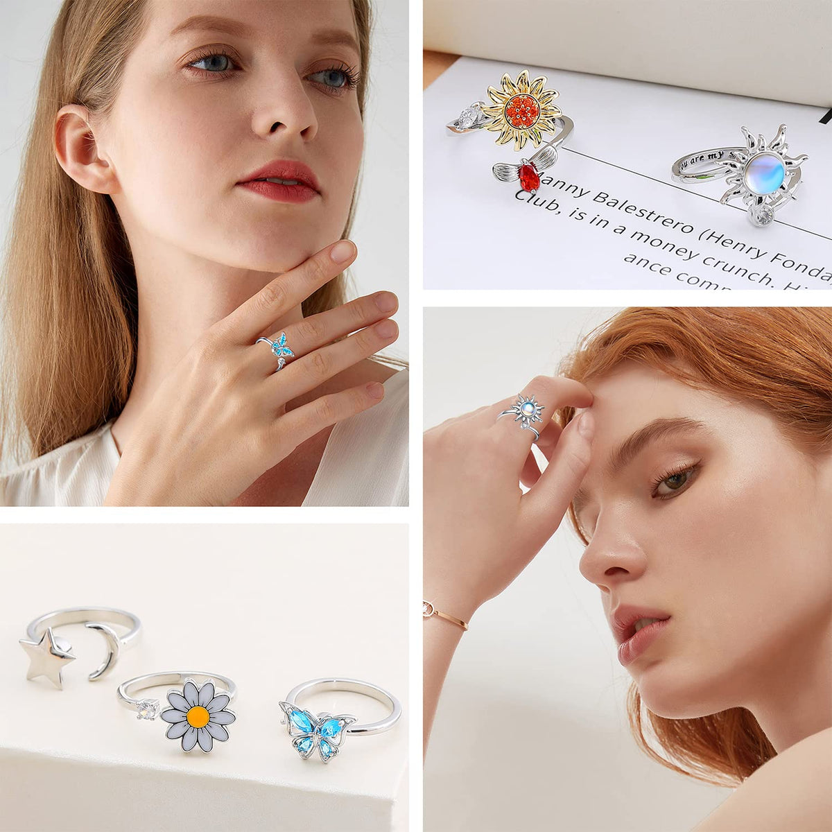 FUNEIA 6-piece Fidget Ring Set – Adjustable Spinner Rings for Women
