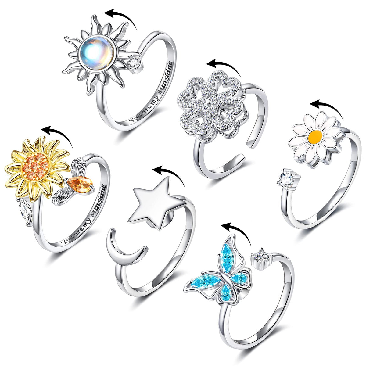 FUNEIA 6-piece Fidget Ring Set – Adjustable Spinner Rings for Women