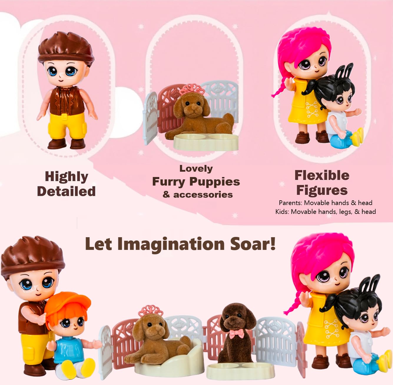 FUNERICA Dollhouse People & Pets Set – Velvety Puppies, Posable Figures & Accessories