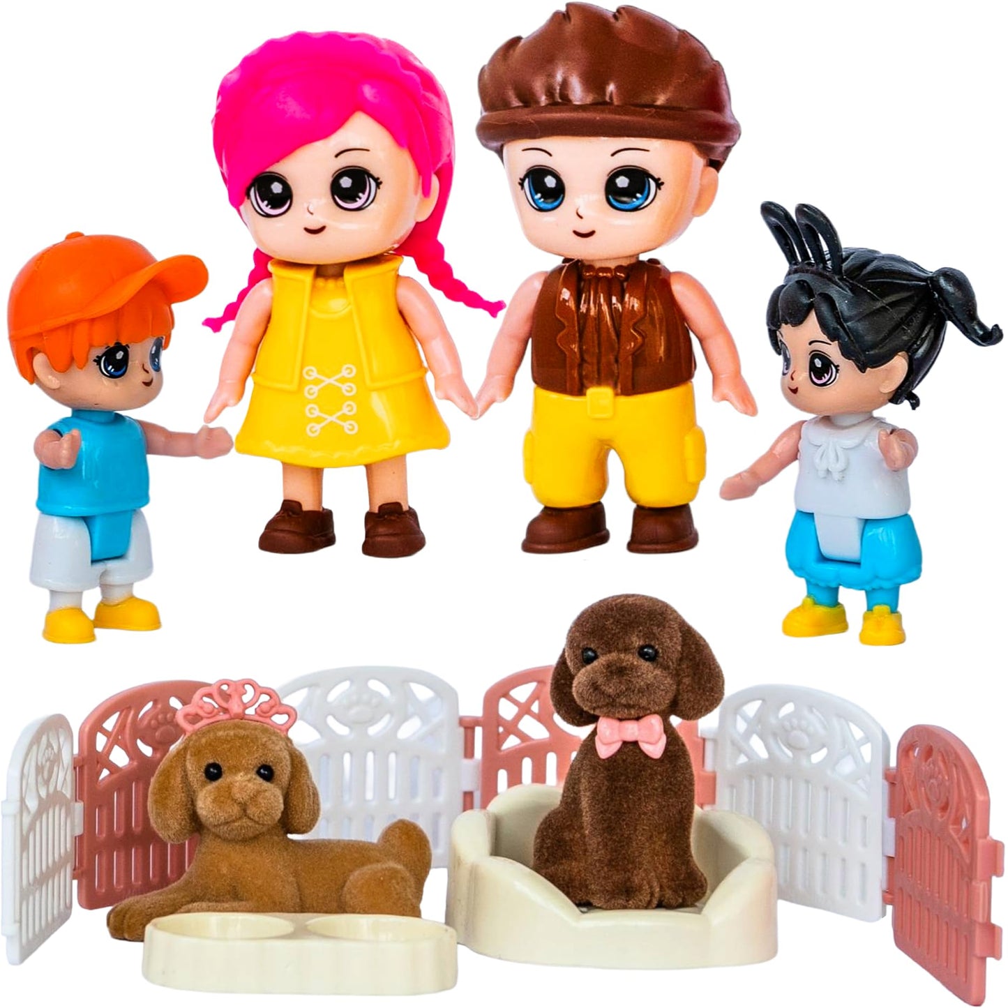 FUNERICA Dollhouse People & Pets Set – Velvety Puppies, Posable Figures & Accessories