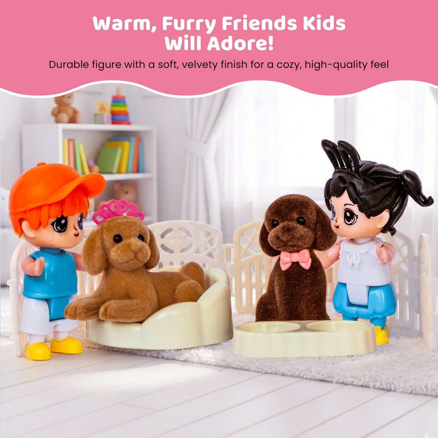 FUNERICA Dollhouse People & Pets Set – Velvety Puppies, Posable Figures & Accessories