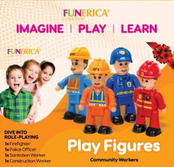 FUNERICA 4-Pack Community Helpers Figures – Firefighter, Police, Sanitation & Construction Worker