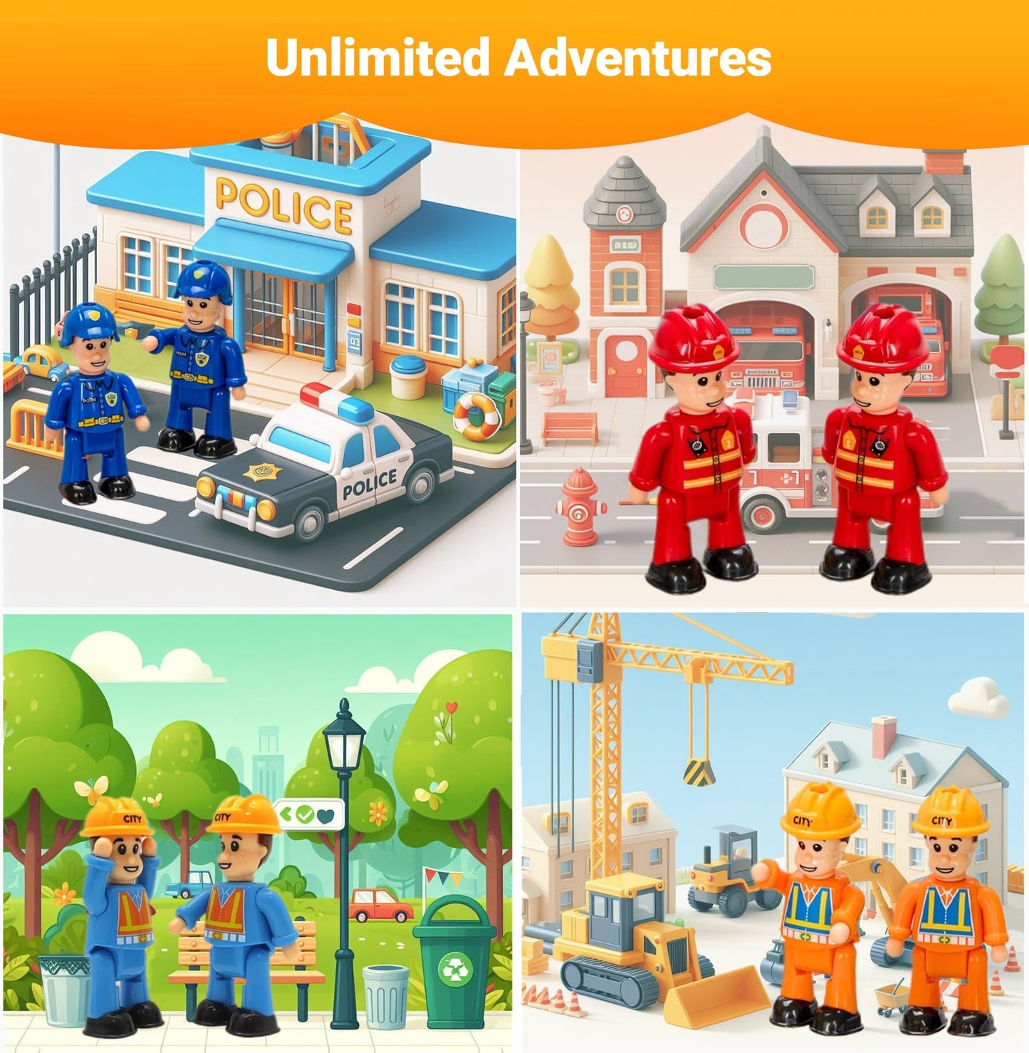 FUNERICA 4-Pack Community Helpers Figures – Firefighter, Police, Sanitation & Construction Worker