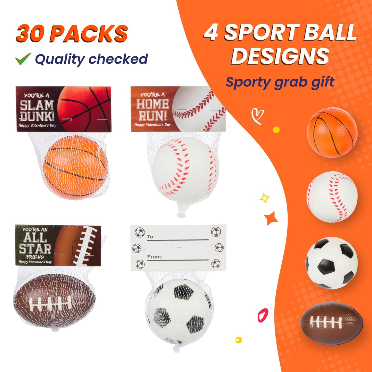 Funeta 30 Sports Stress Balls Set – Soccer, Baseball, Basketball & Football Valentines for Kids Class
