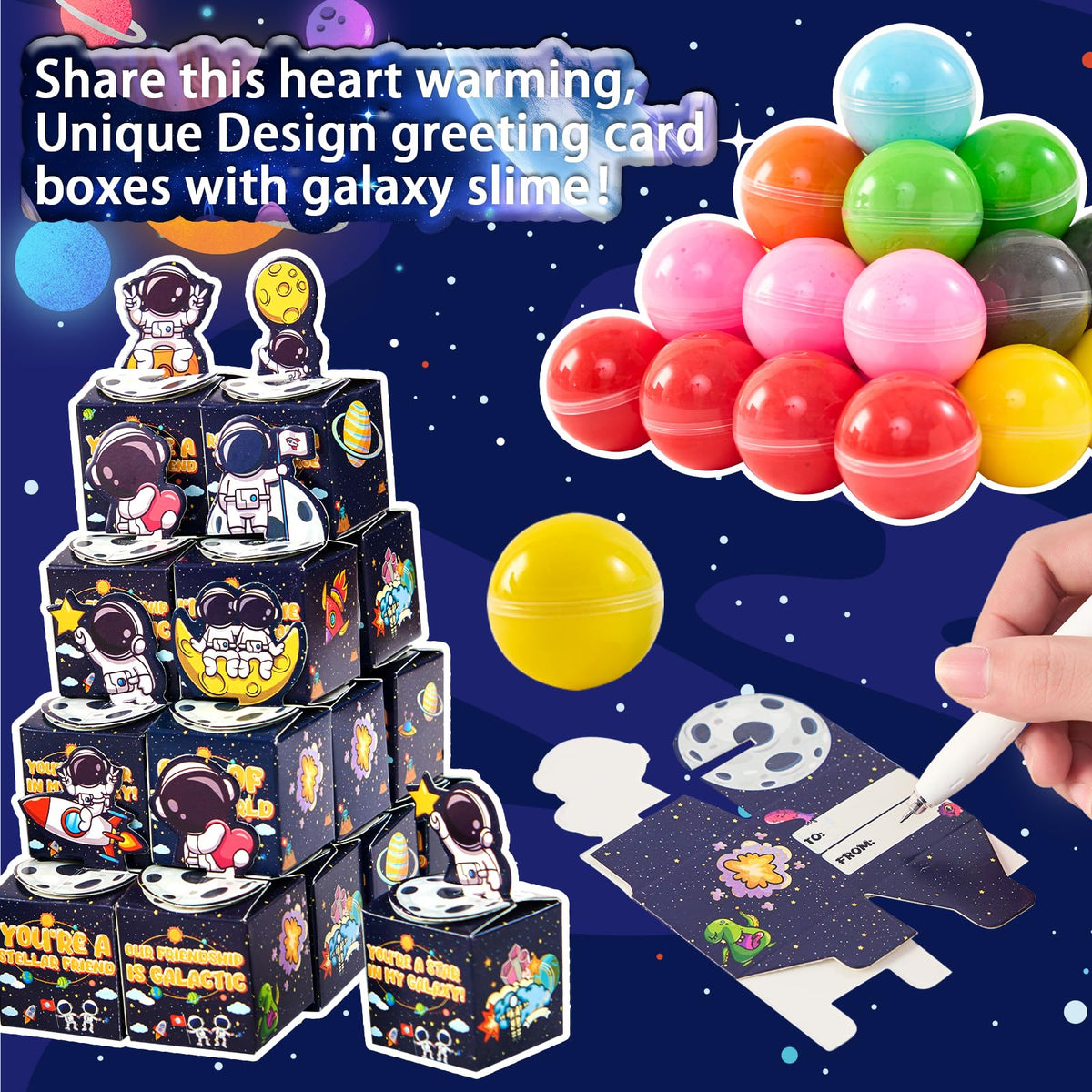 Funewest 28 Pack Valentines Gifts for Kids – Galaxy Slime Balls & Greeting Cards