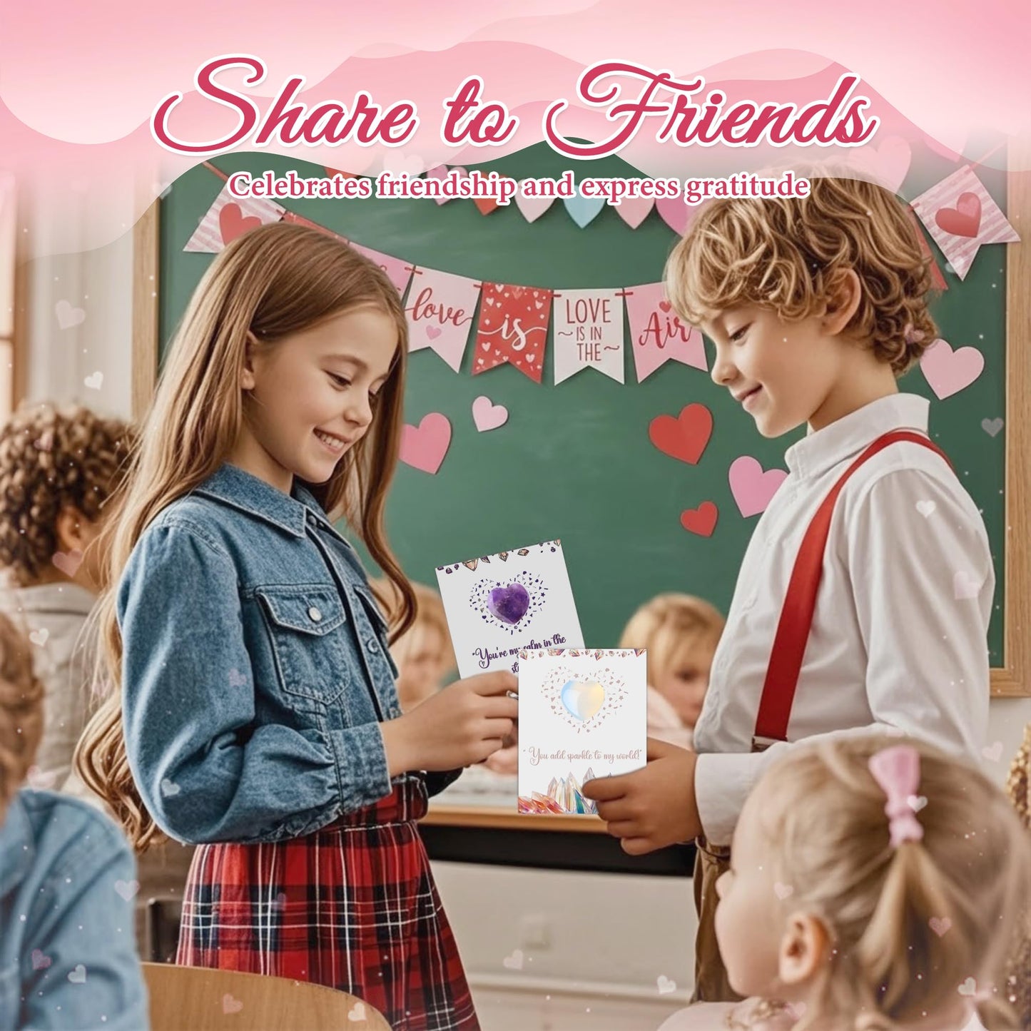 Funewest 28-Pack Crystal Valentine Gifts for Kids – Heart Gemstones with Cards