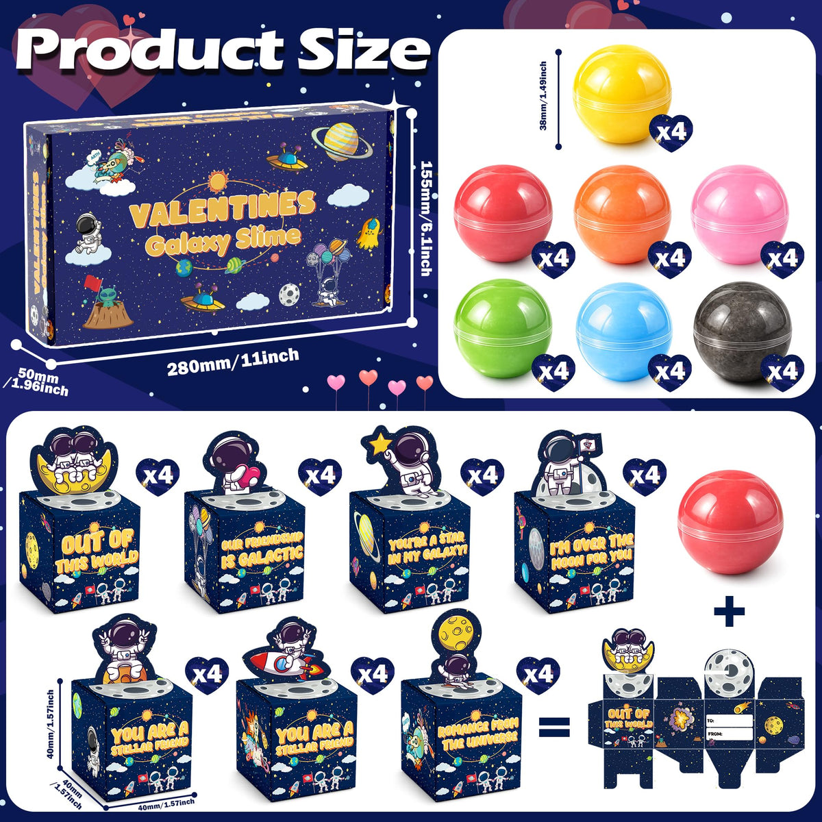 Funewest 28 Pack Valentines Gifts for Kids – Galaxy Slime Balls & Greeting Cards