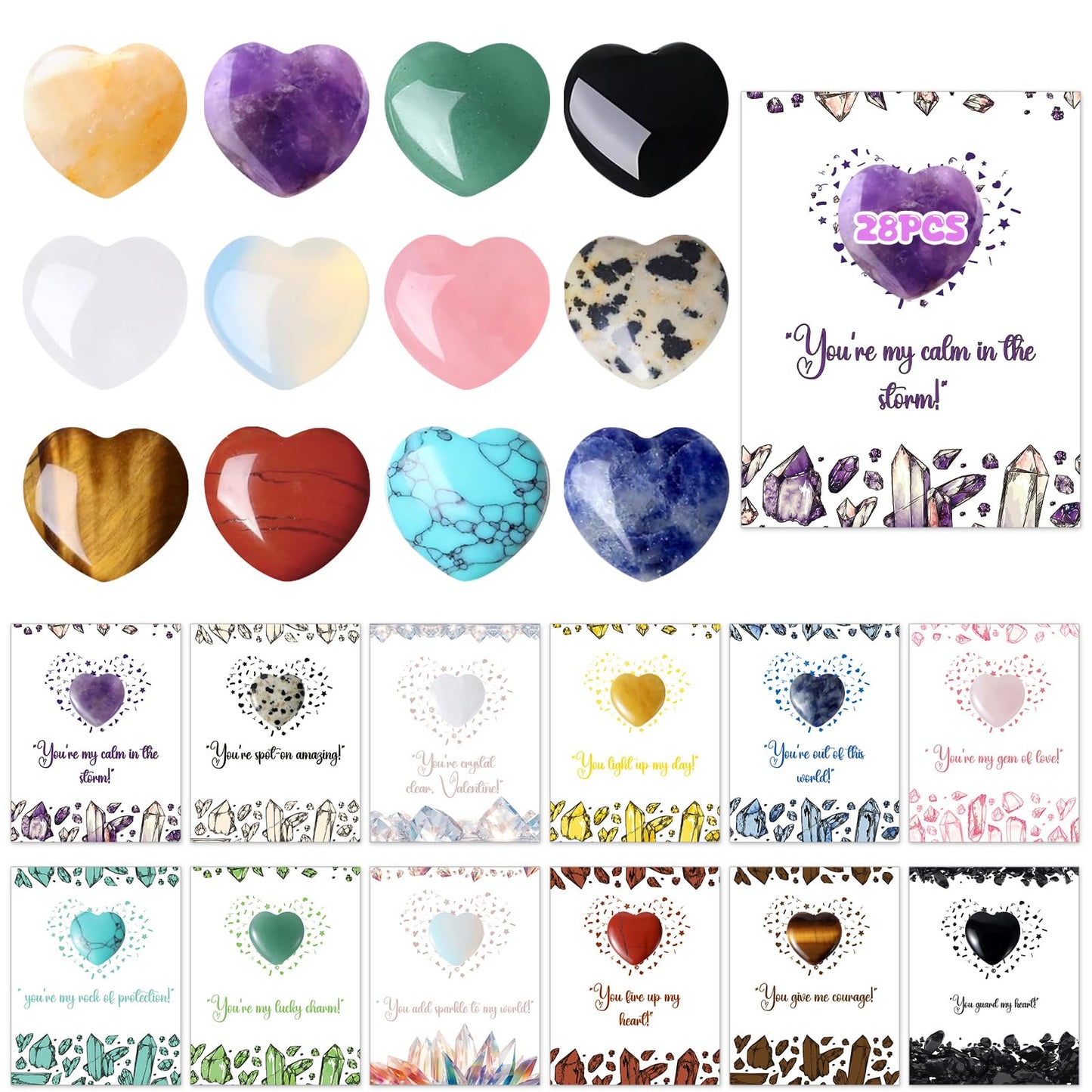 Funewest 28-Pack Crystal Valentine Gifts for Kids – Heart Gemstones with Cards
