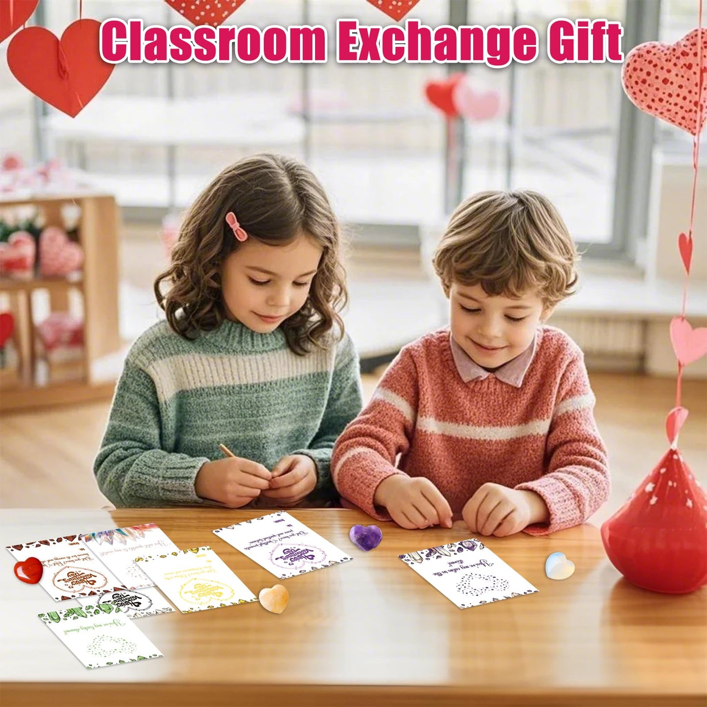 Funewest 28-Pack Crystal Valentine Gifts for Kids – Heart Gemstones with Cards