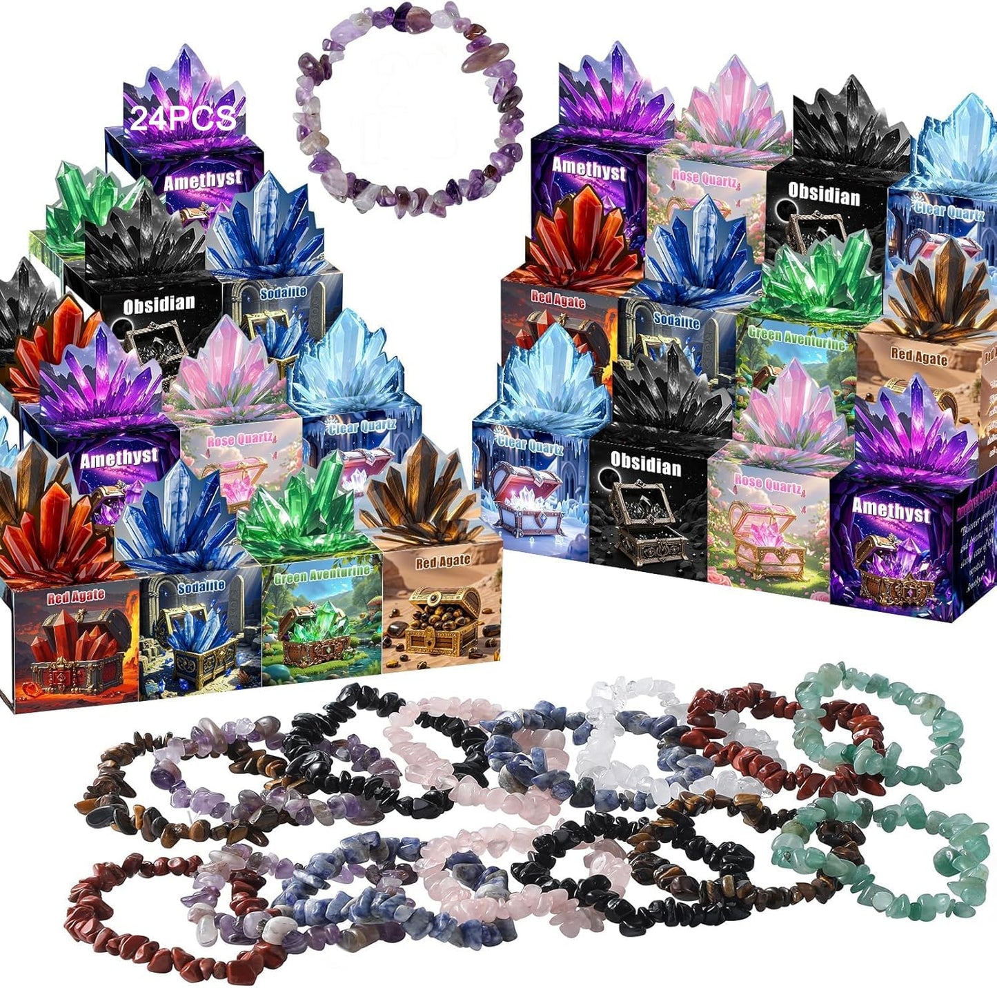 Funewest Valentines Day Gem Gifts - 24 Crystal Bracelets with Treasure Box Cards for Class Parties