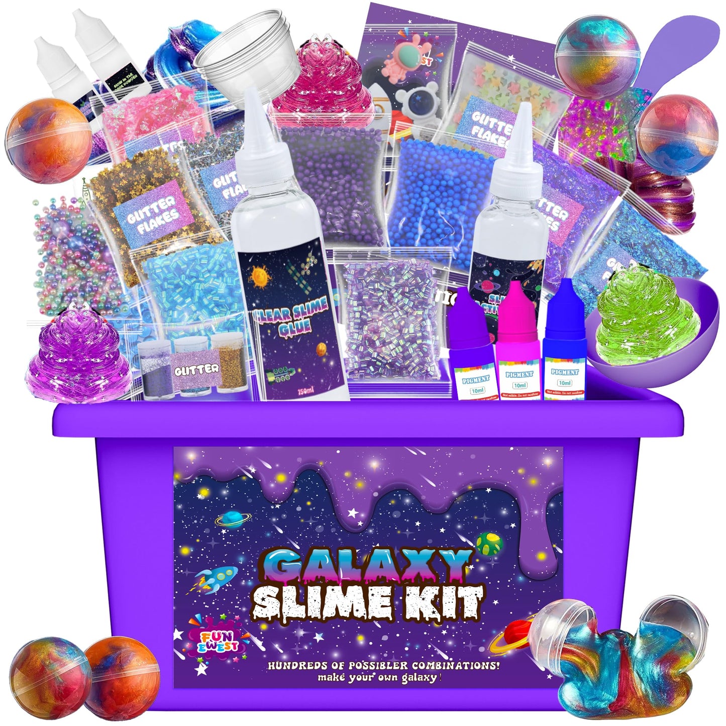 Funewest Slime Kit for Kids — Galaxy Glow Slime with Glitter, Beads & Charms