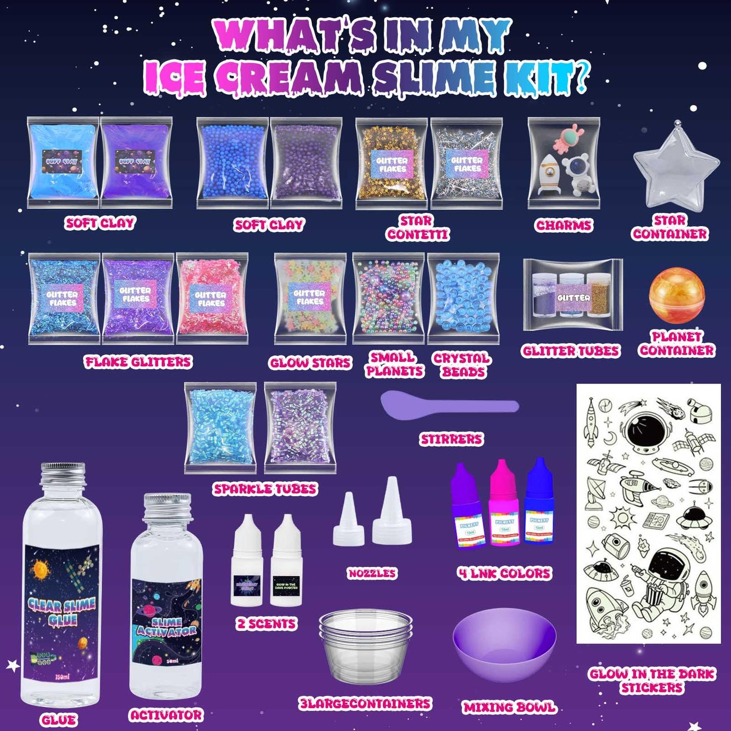Funewest Slime Kit for Kids — Galaxy Glow Slime with Glitter, Beads & Charms