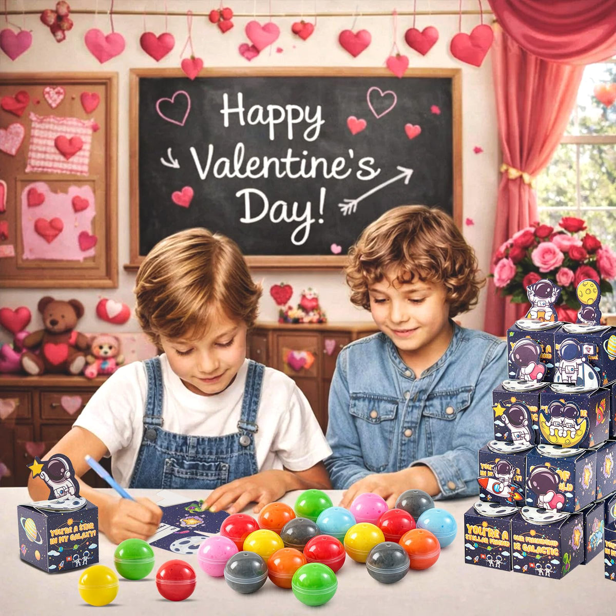 Funewest 28 Pack Valentines Gifts for Kids – Galaxy Slime Balls & Greeting Cards