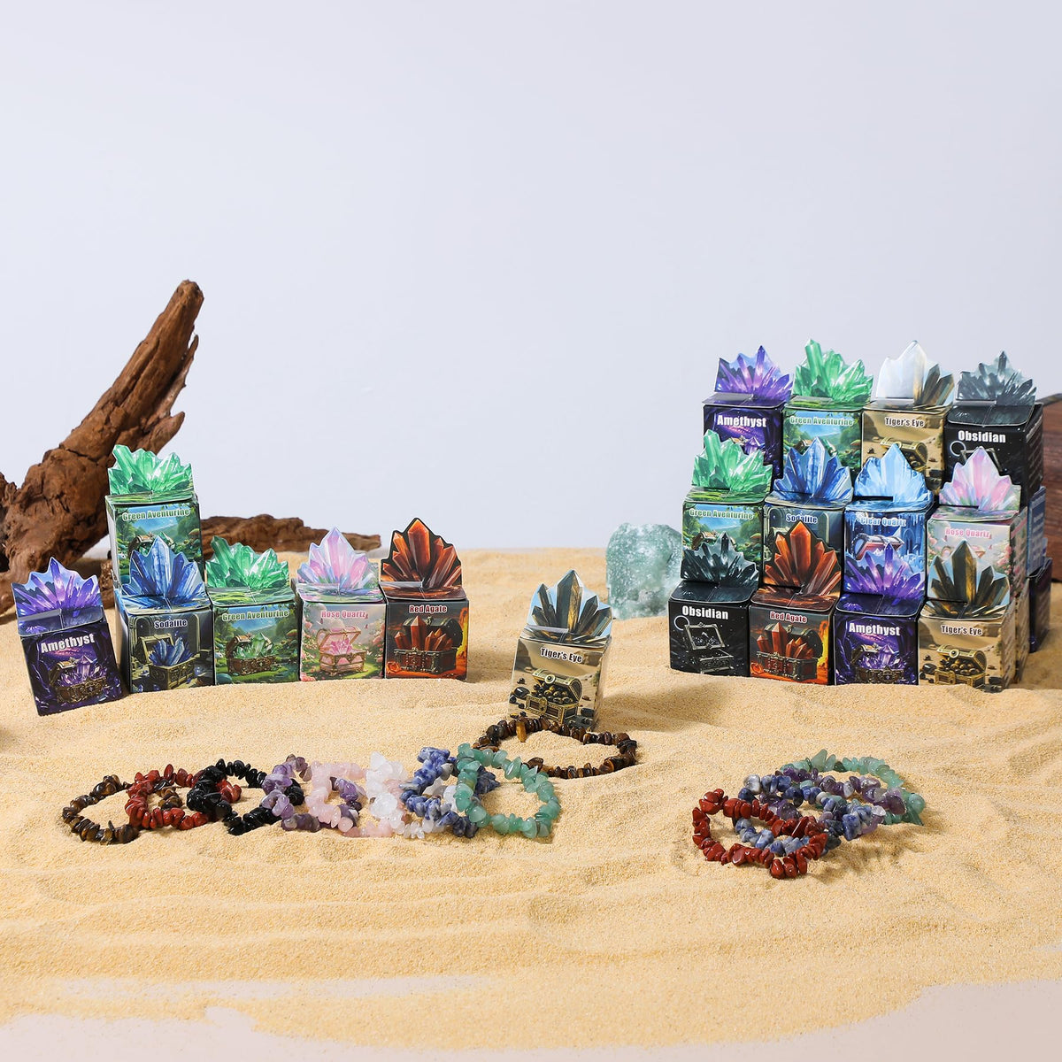 Funewest Valentines Day Gem Gifts - 24 Crystal Bracelets with Treasure Box Cards for Class Parties